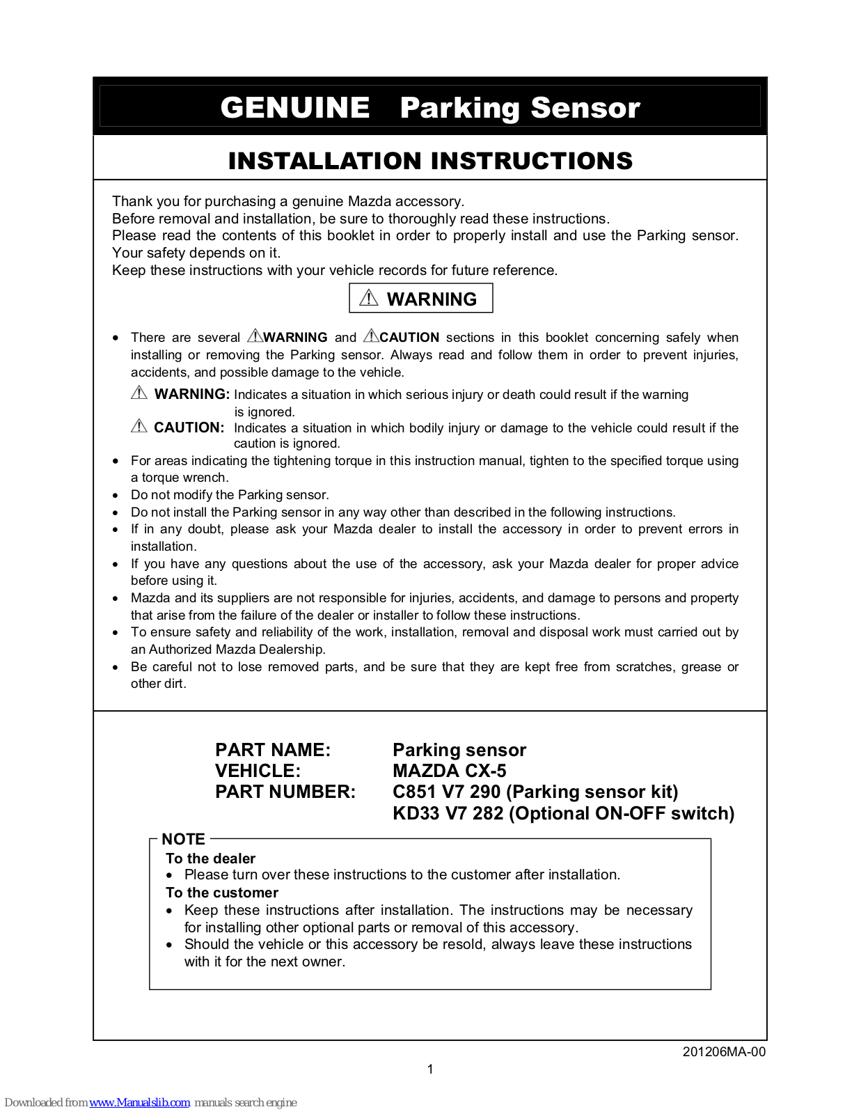 Mazda CX-5, Parking sensor, C851 V7 290, KD33 V7 282 Instructions Manual