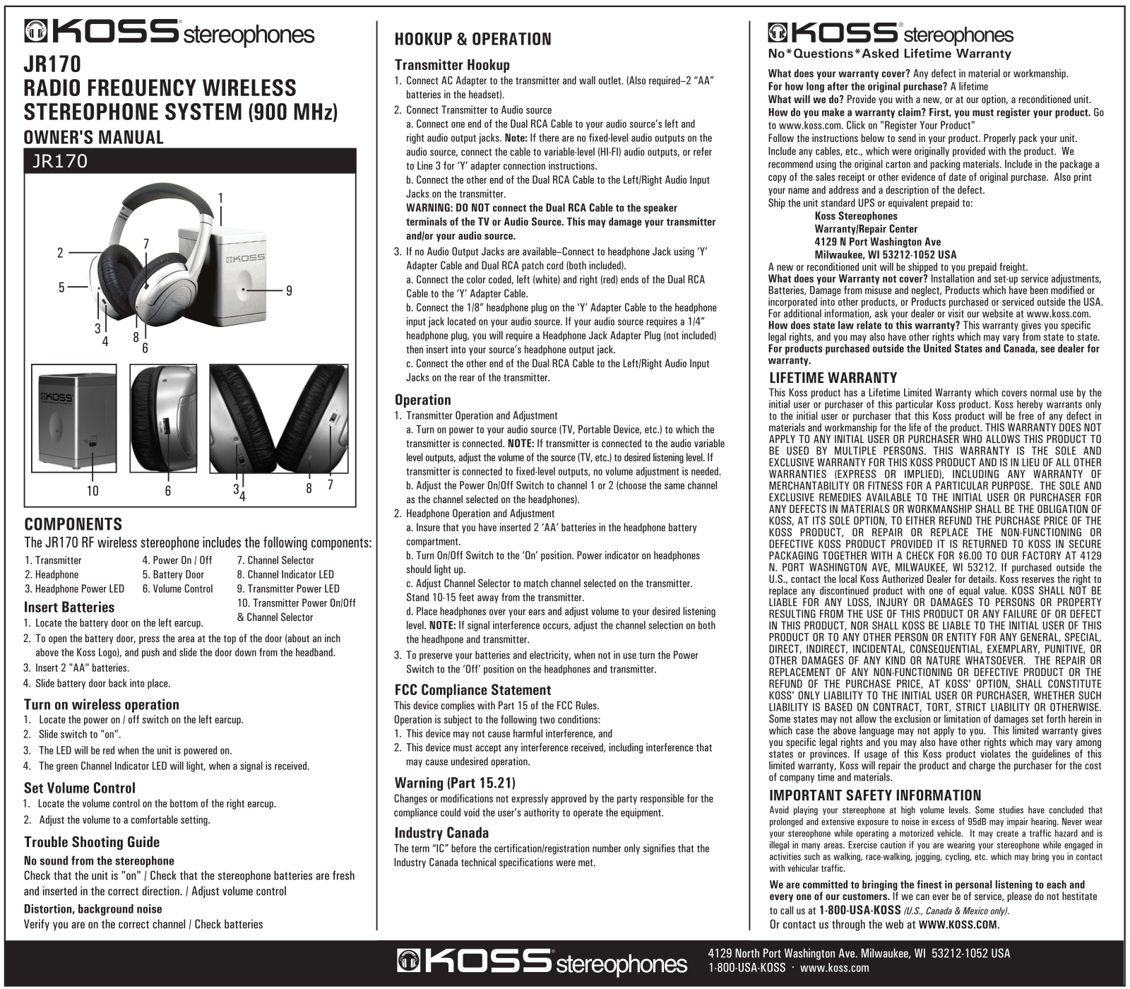 Koss JR170 User Manual