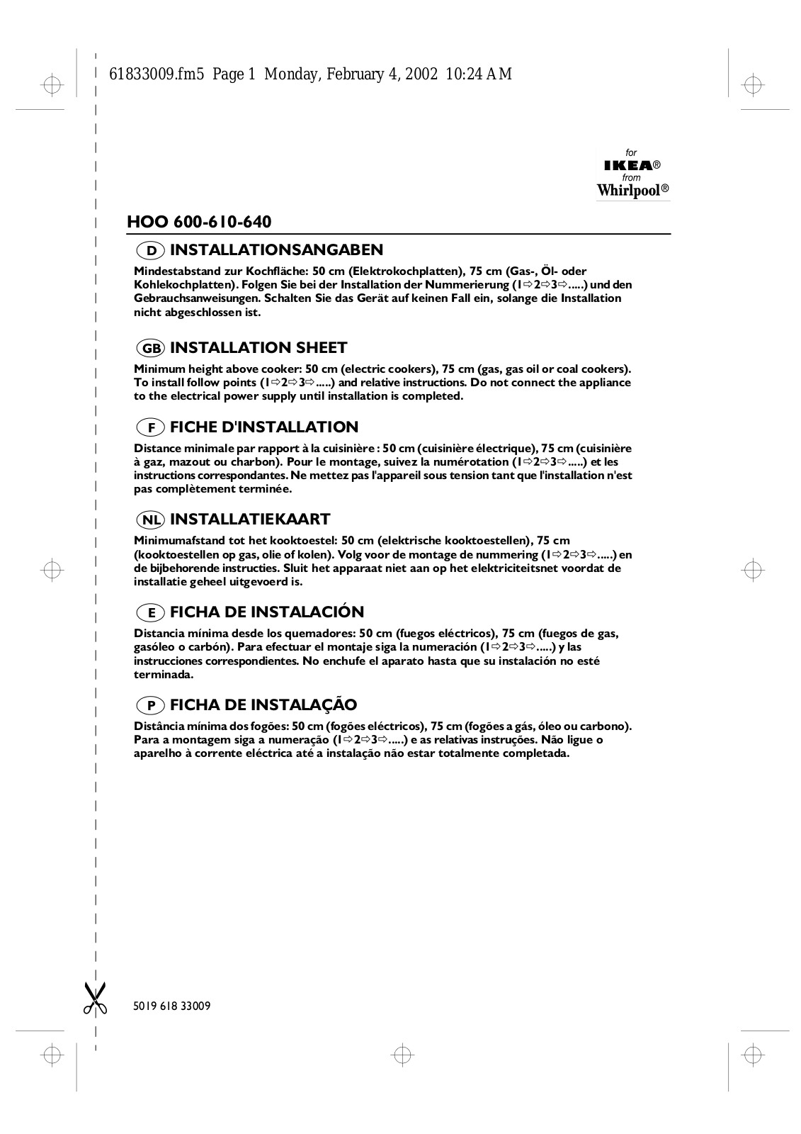 Whirlpool HOO 600 S, HOO 600 AL INSTRUCTION FOR USE