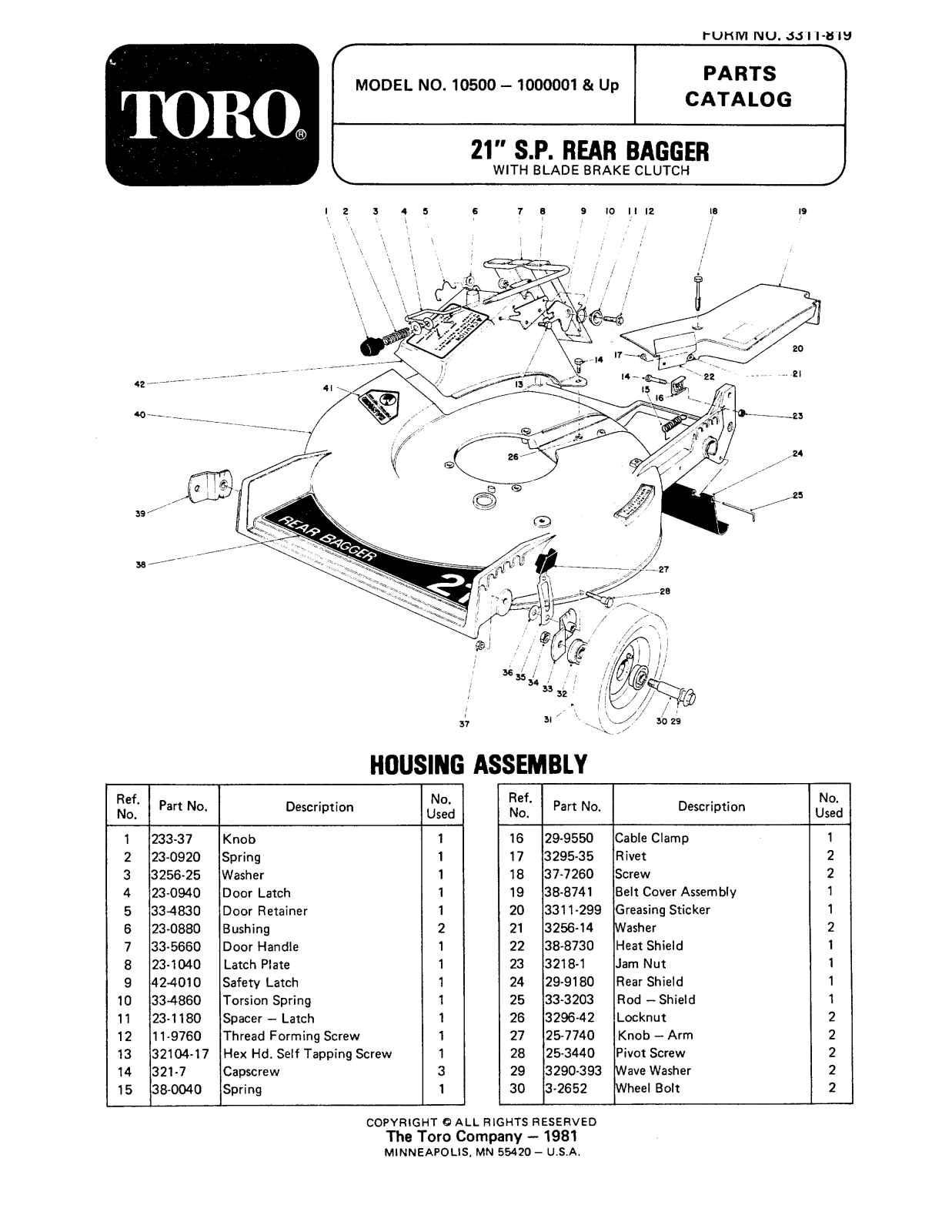 Toro 10500 Parts Catalogue