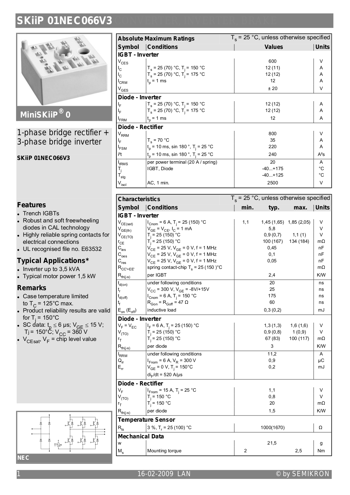 Semikron SKIIP01NEC066V3 Data Sheet