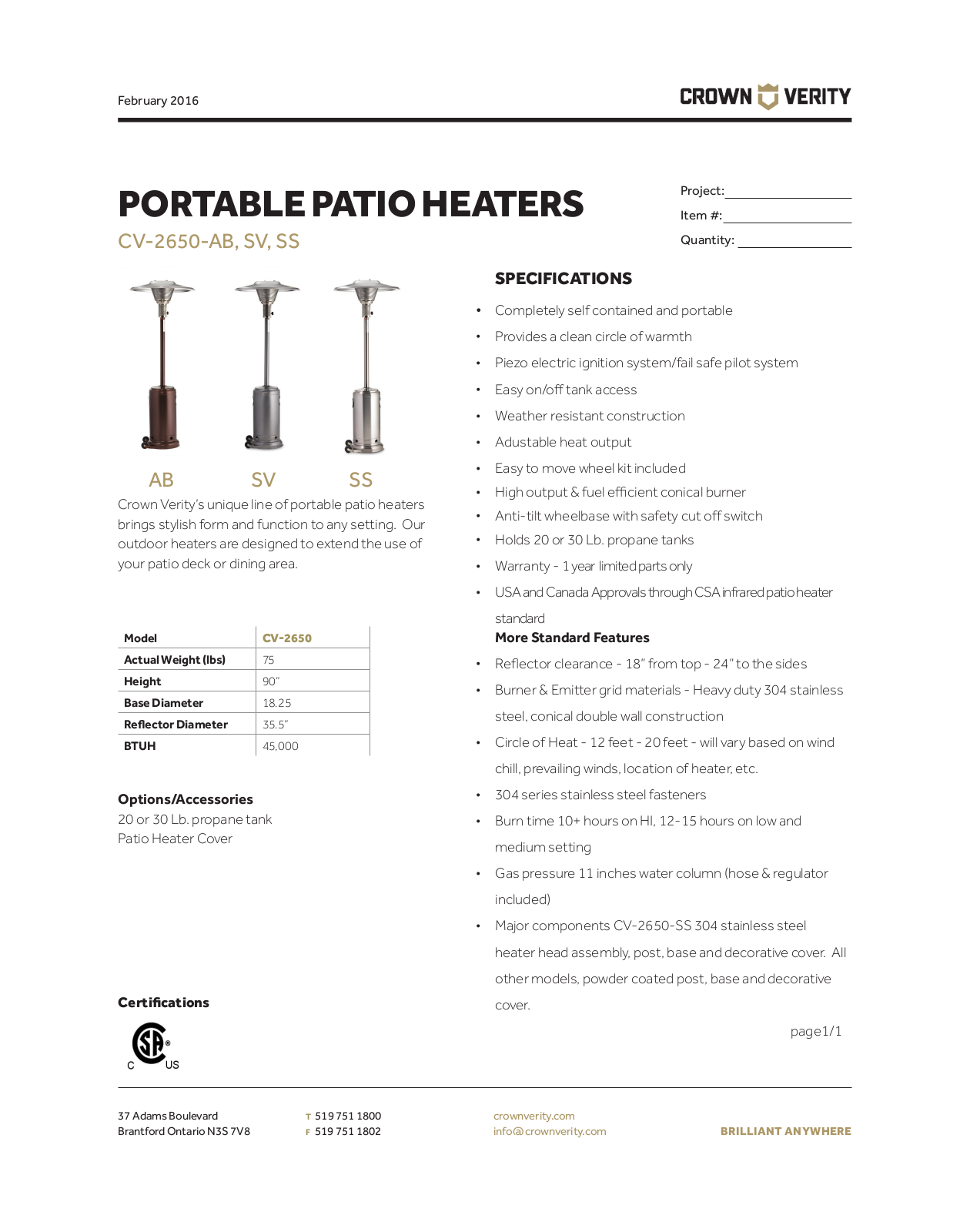 Crown Verity CV2650SV Specifications