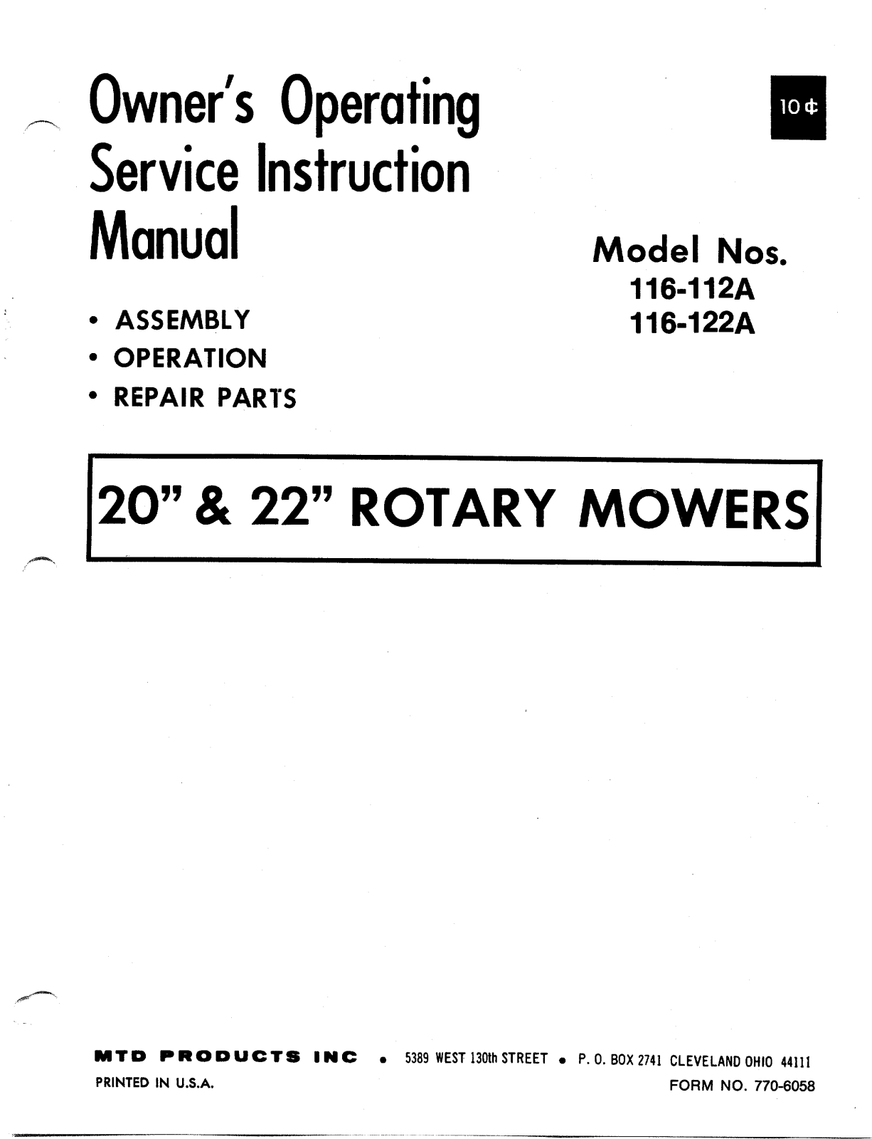 MTD 116-112A, 116-122A User Manual