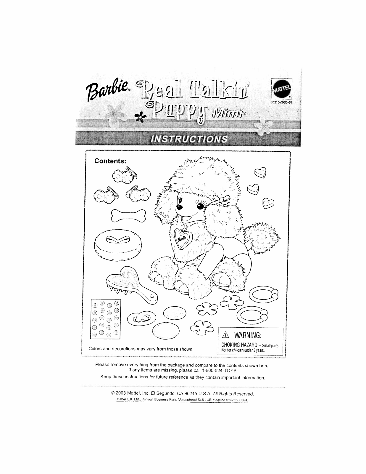 Fisher-Price B0215 Instruction Sheet