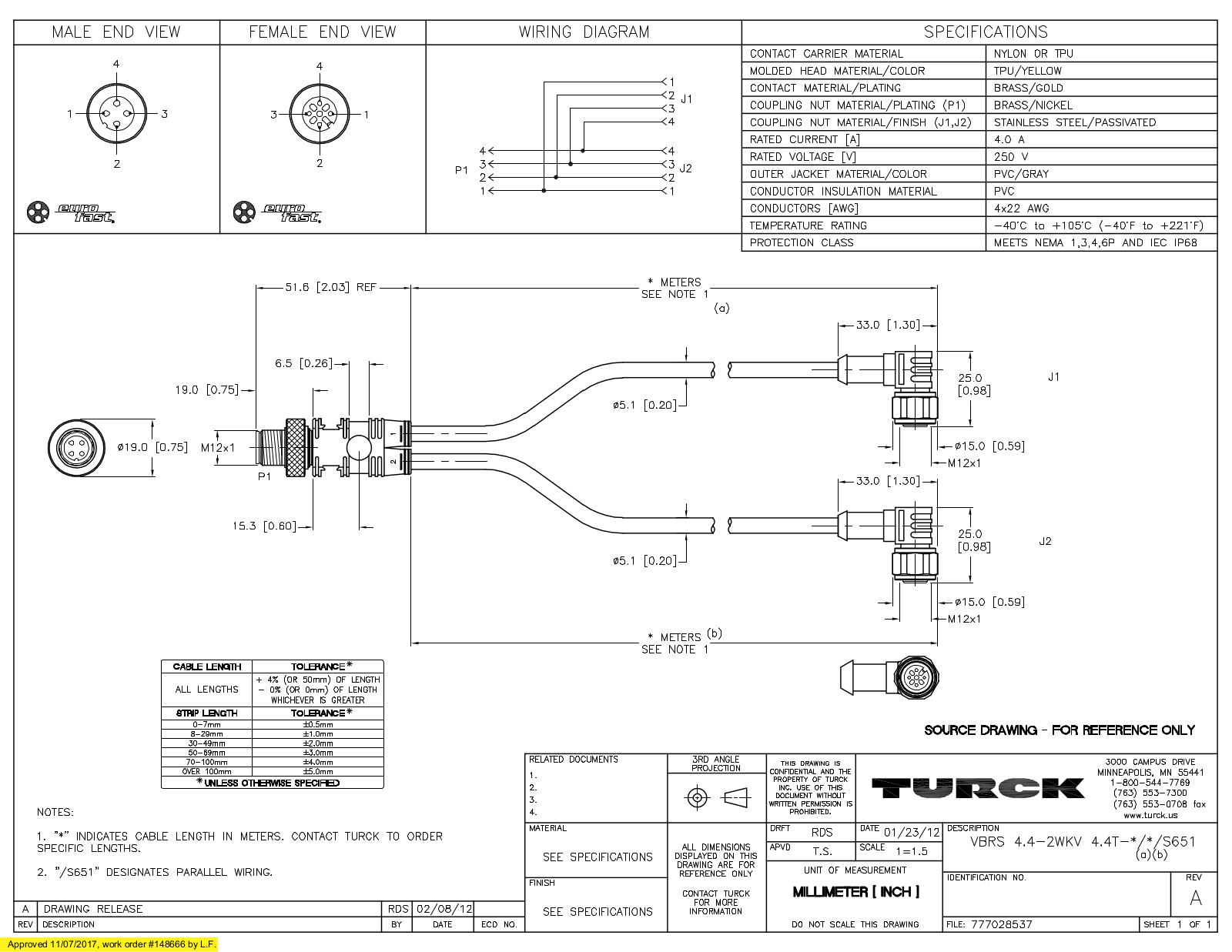 Turck VBRS4.4-2WKV4.4T-2/2/S651 Specification Sheet