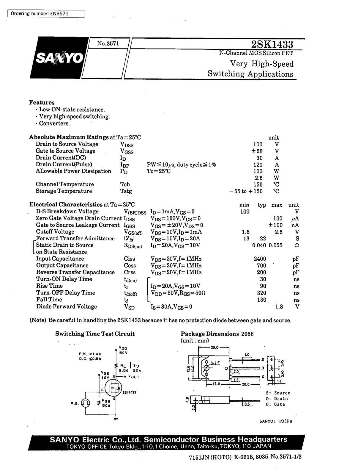 SANYO 2SK1433 Datasheet