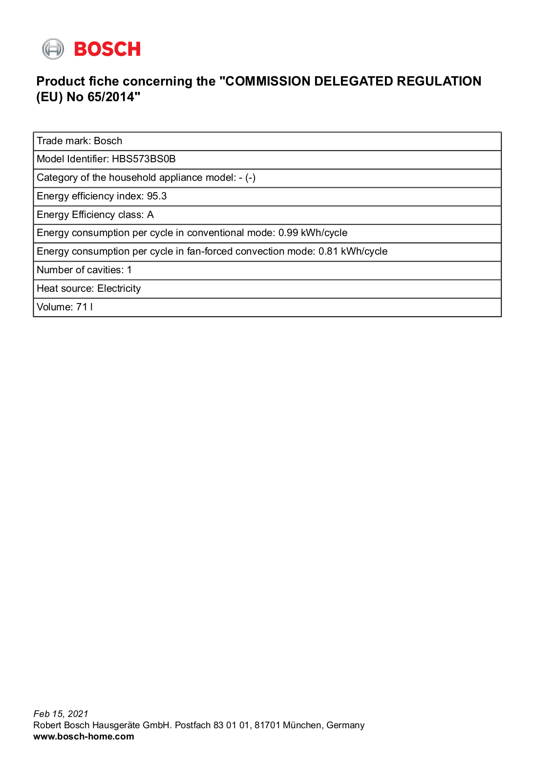 Bosch HBS573BS0B EU Datasheet