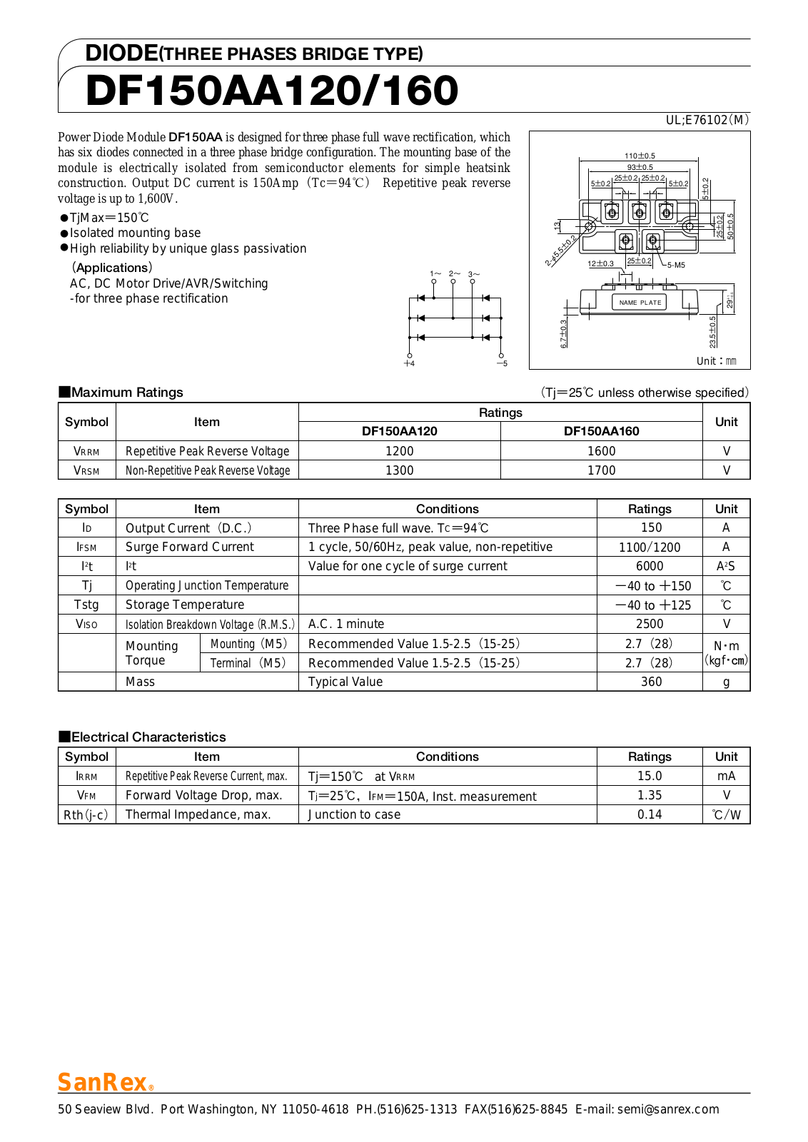 Sanrex-Sansha Electric Manufacturing DF150AA120, DF150AA160 Data Sheet