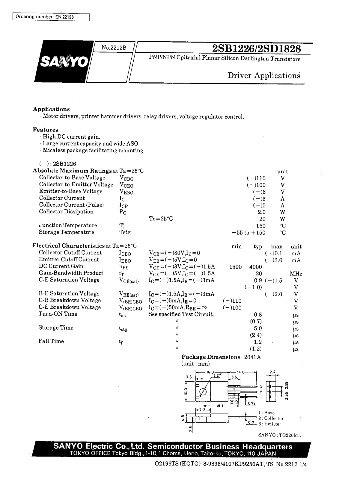 SANYO 2SD1828, 2SB1226 Datasheet