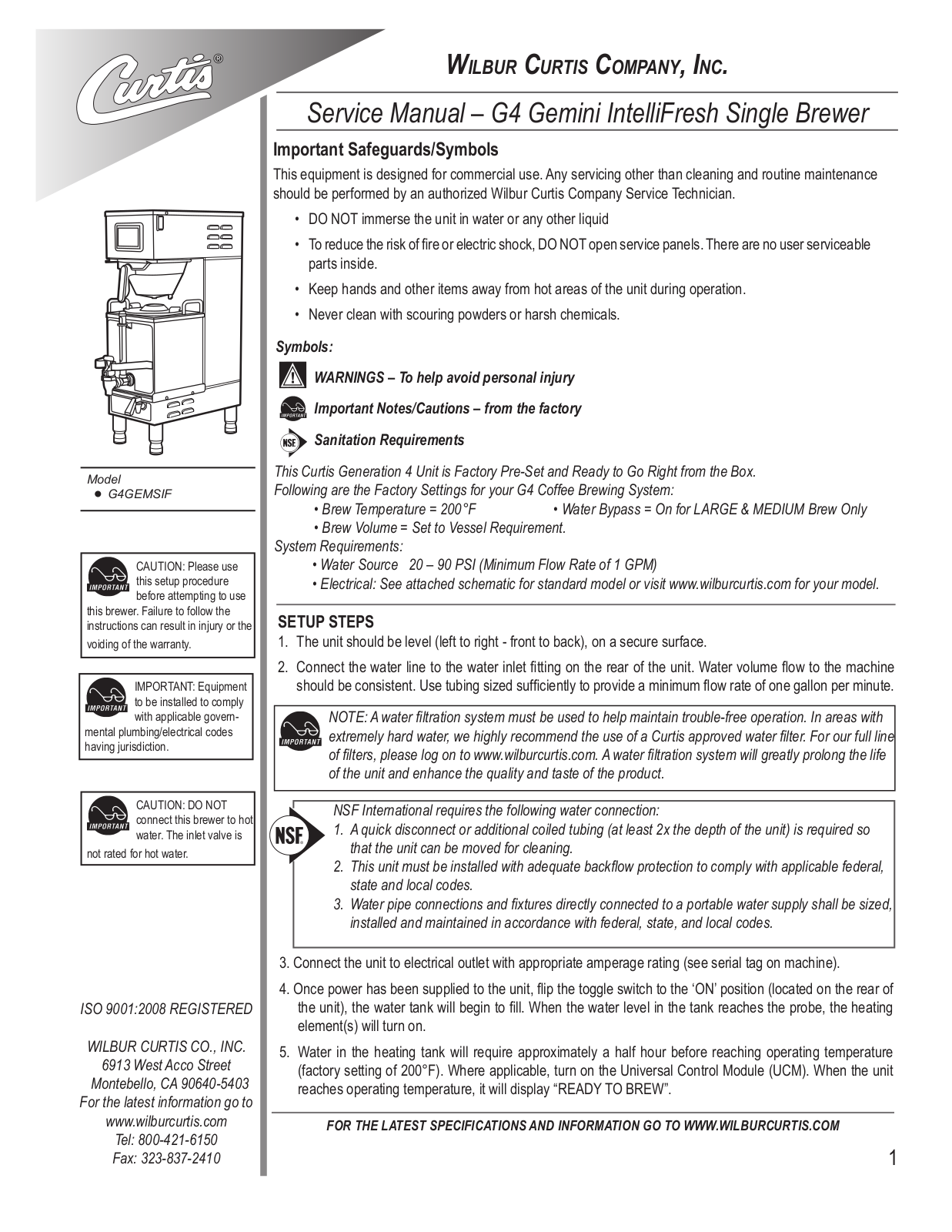 Wilbur Curtis G4GEMSIF User Manual