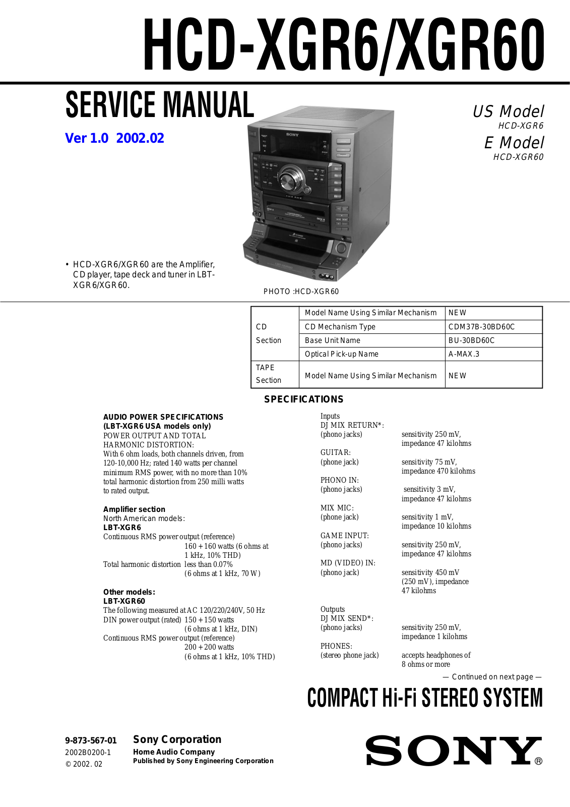 Sony HCD-XGR60, HCD-XGR6 Service Manual