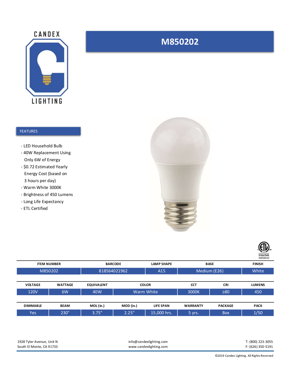 Candex Lighting CNDX1004 Specifications - ManualMachine.com