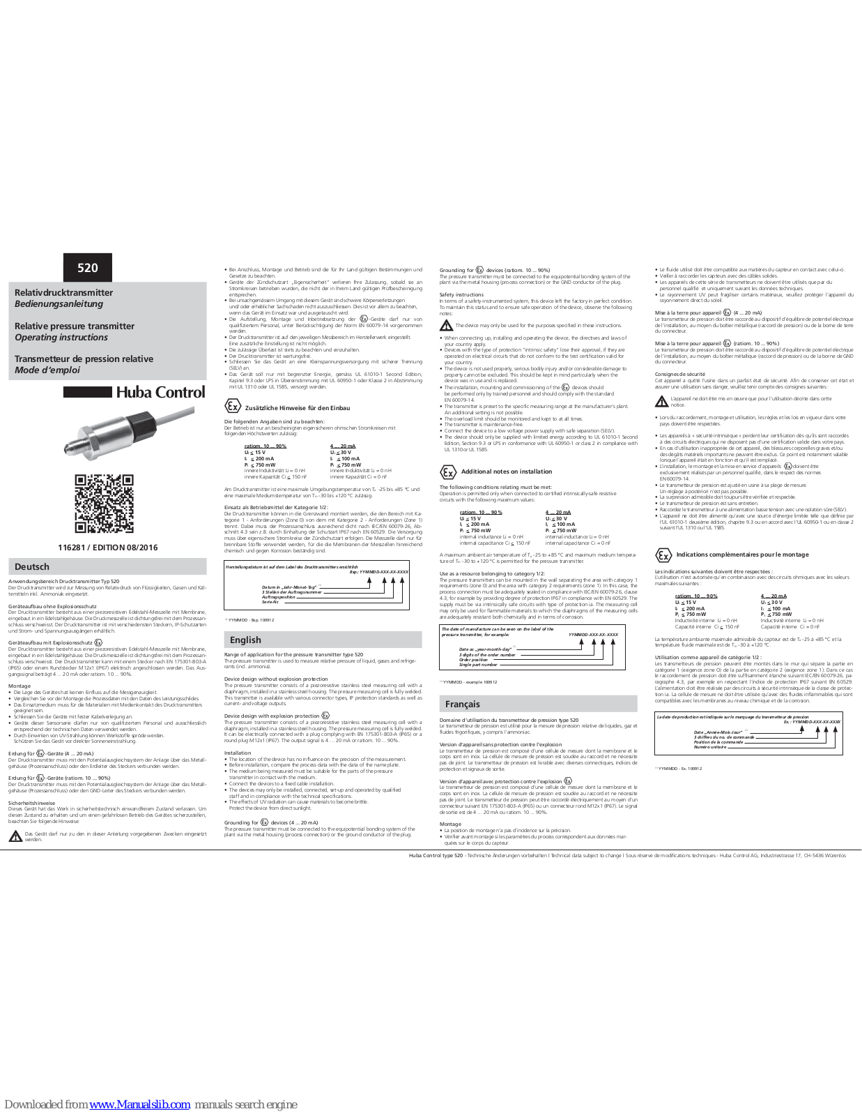 Huba Control 520 Operating Instructions Manual