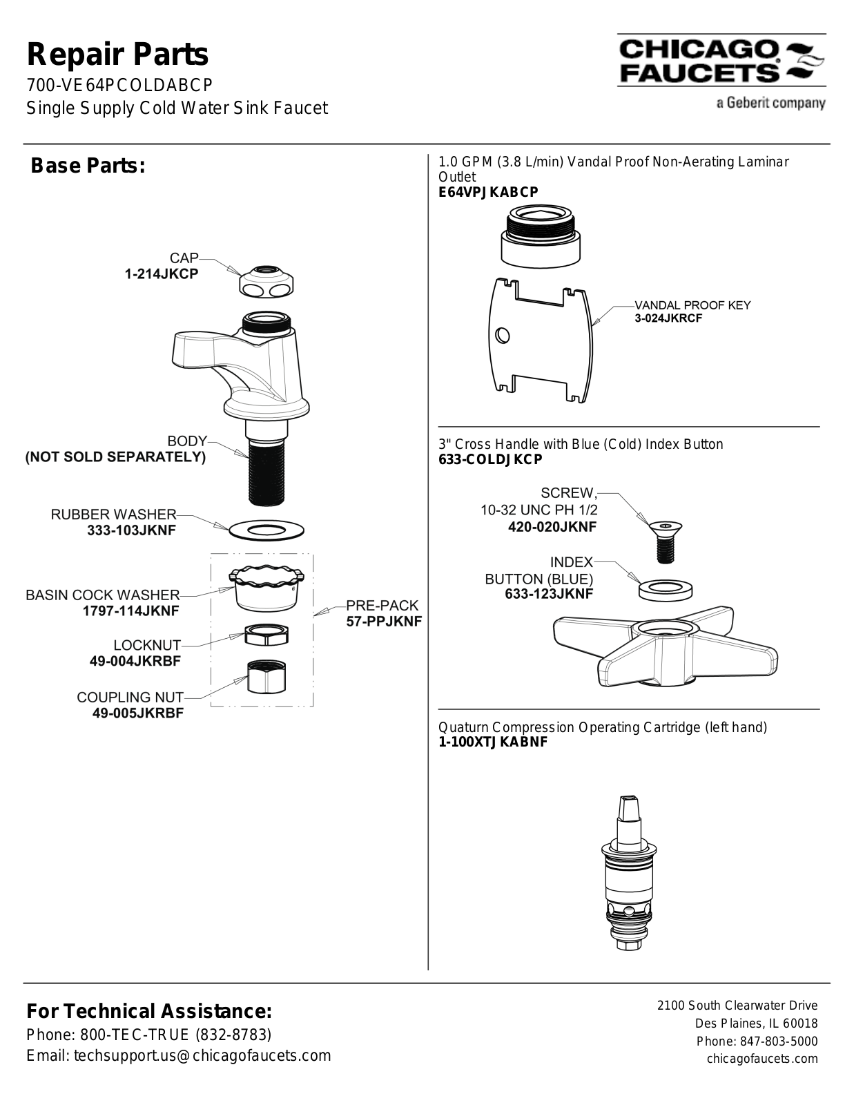 Chicago Faucet 700-VE64PCOLDAB Parts List