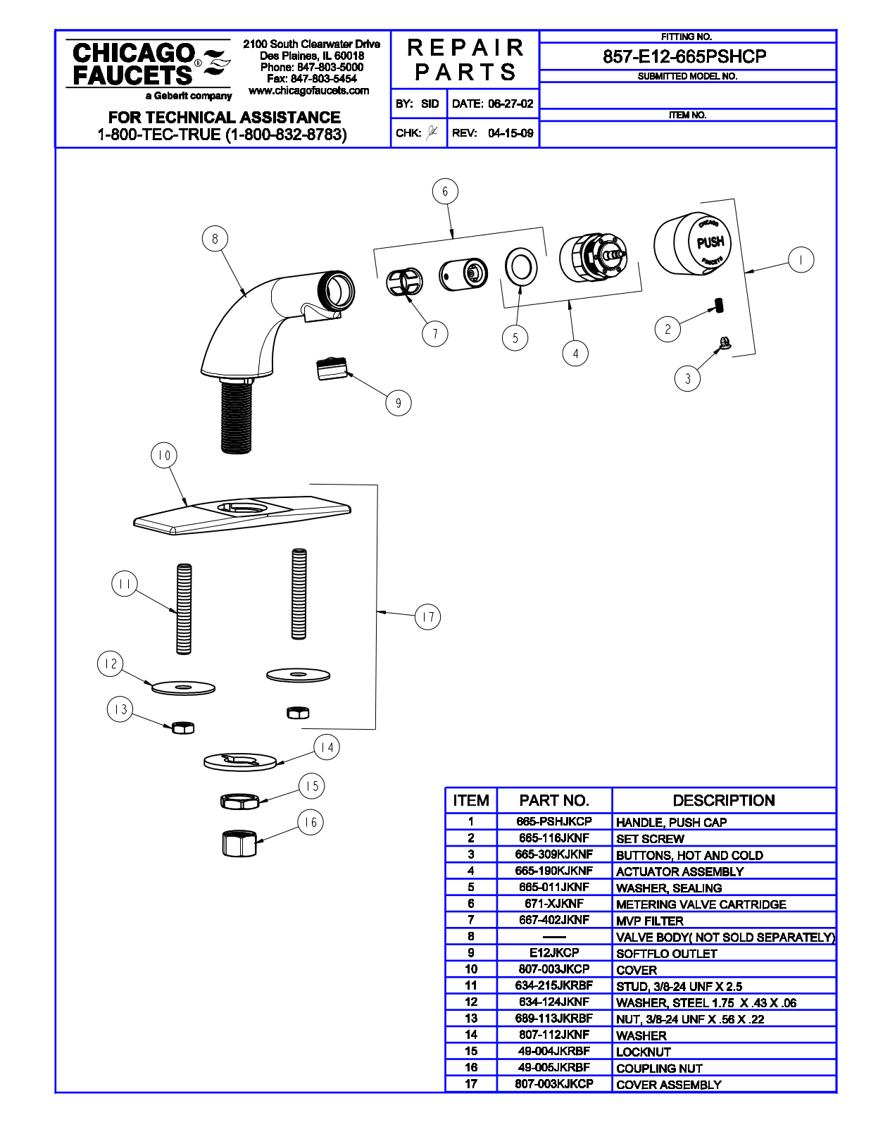 Chicago Faucet 857-E12-665PSH Parts List