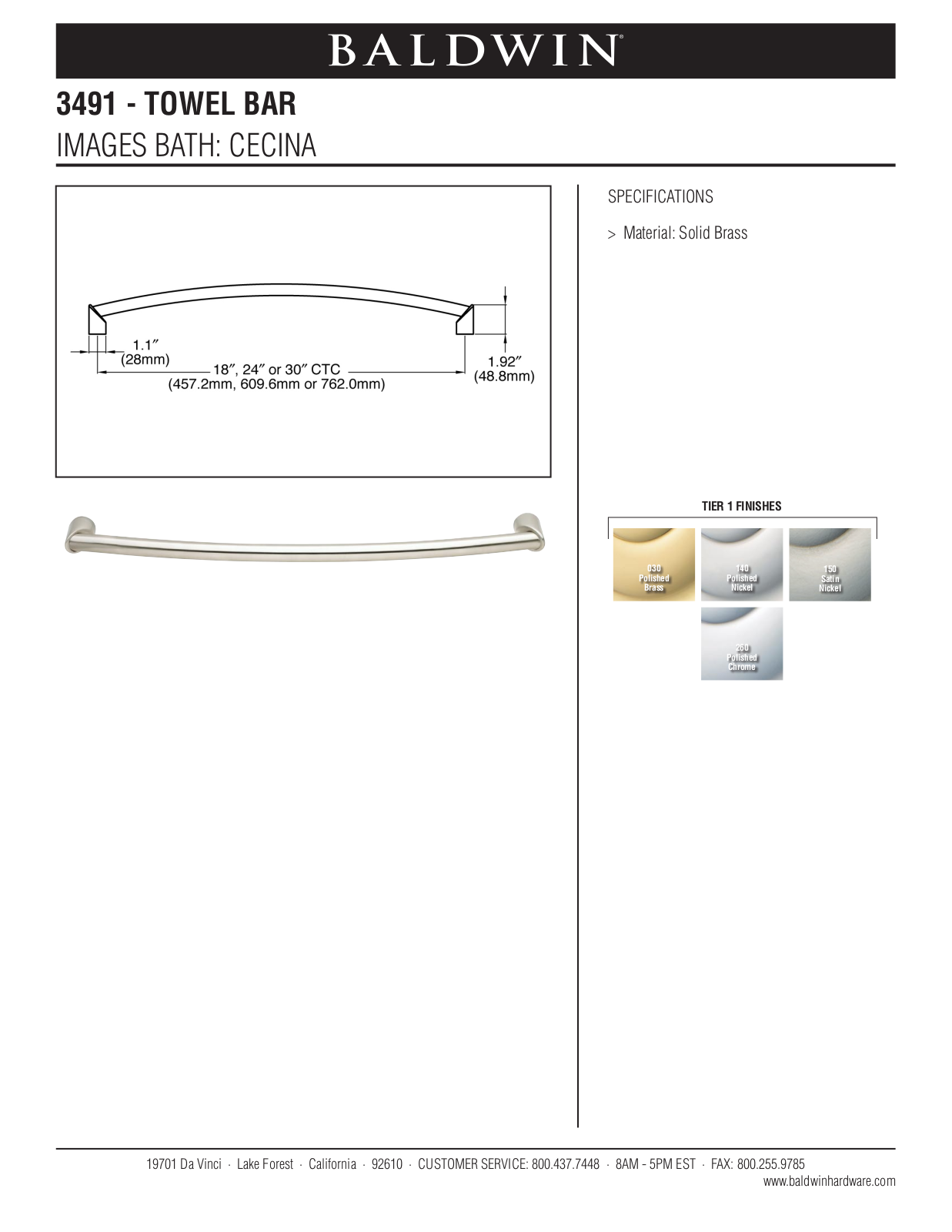 Baldwin Cecina 30 Towel Bar User Manual