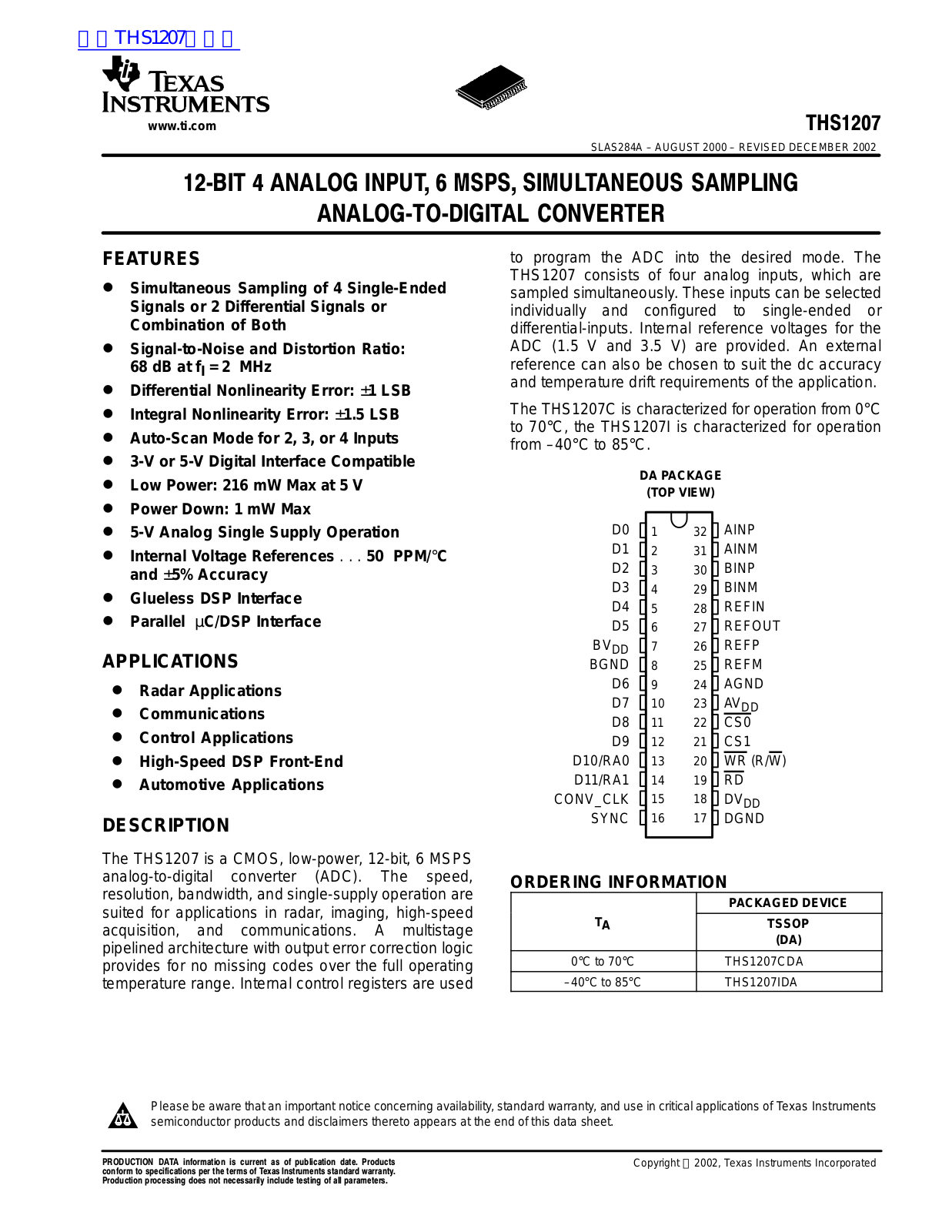 TEXAS INSTRUMENTS THS1207 Technical data