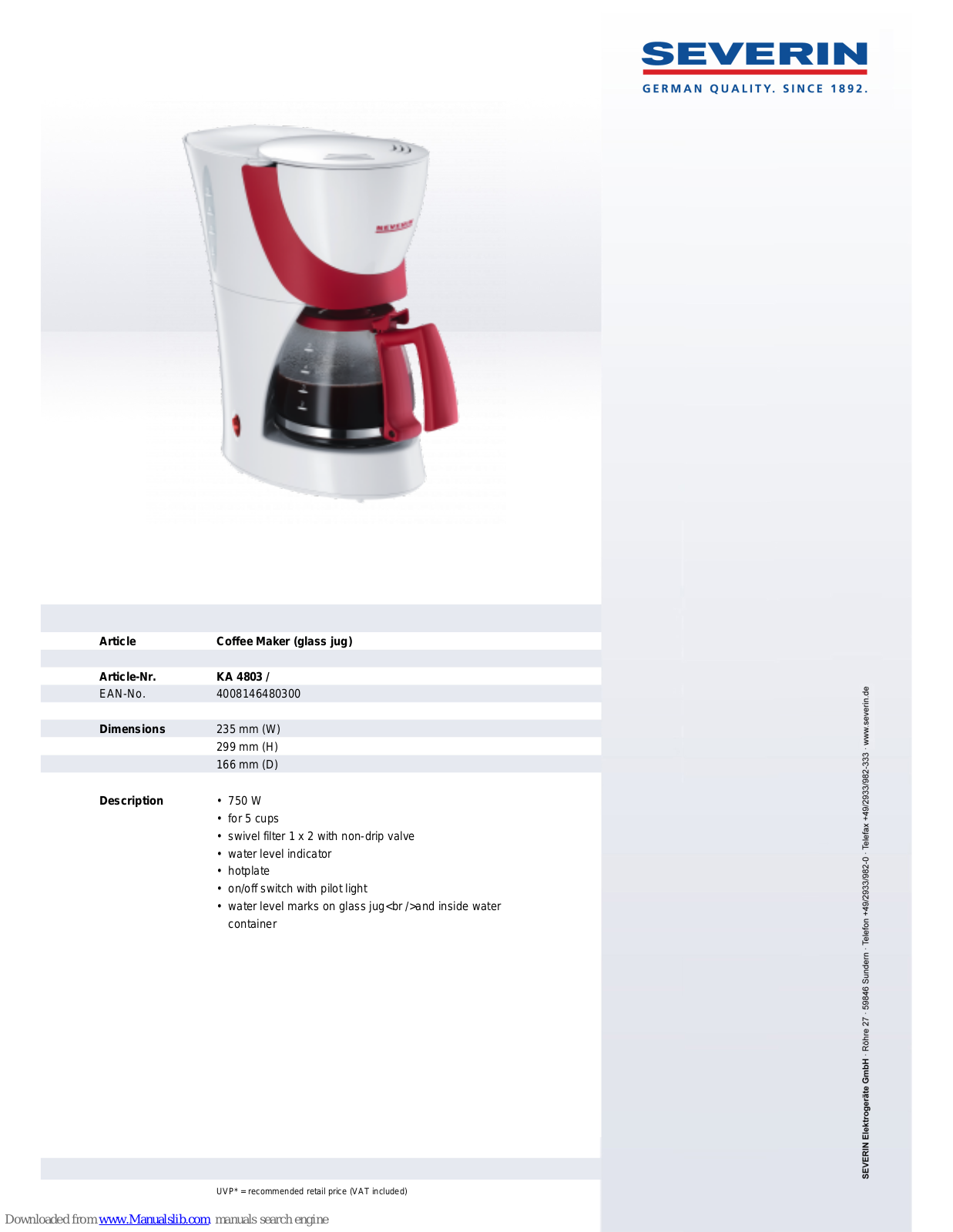 SEVERIN KAFFEEAUTOMAT KA 4803, KA 4803 Dimensions