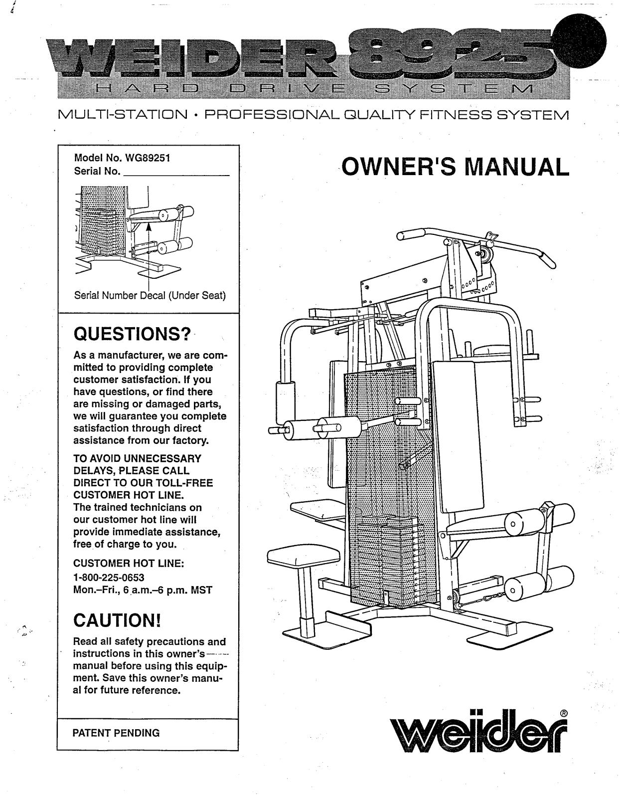 Weider WG89251, 8925 HARD DRIVE Owner's Manual