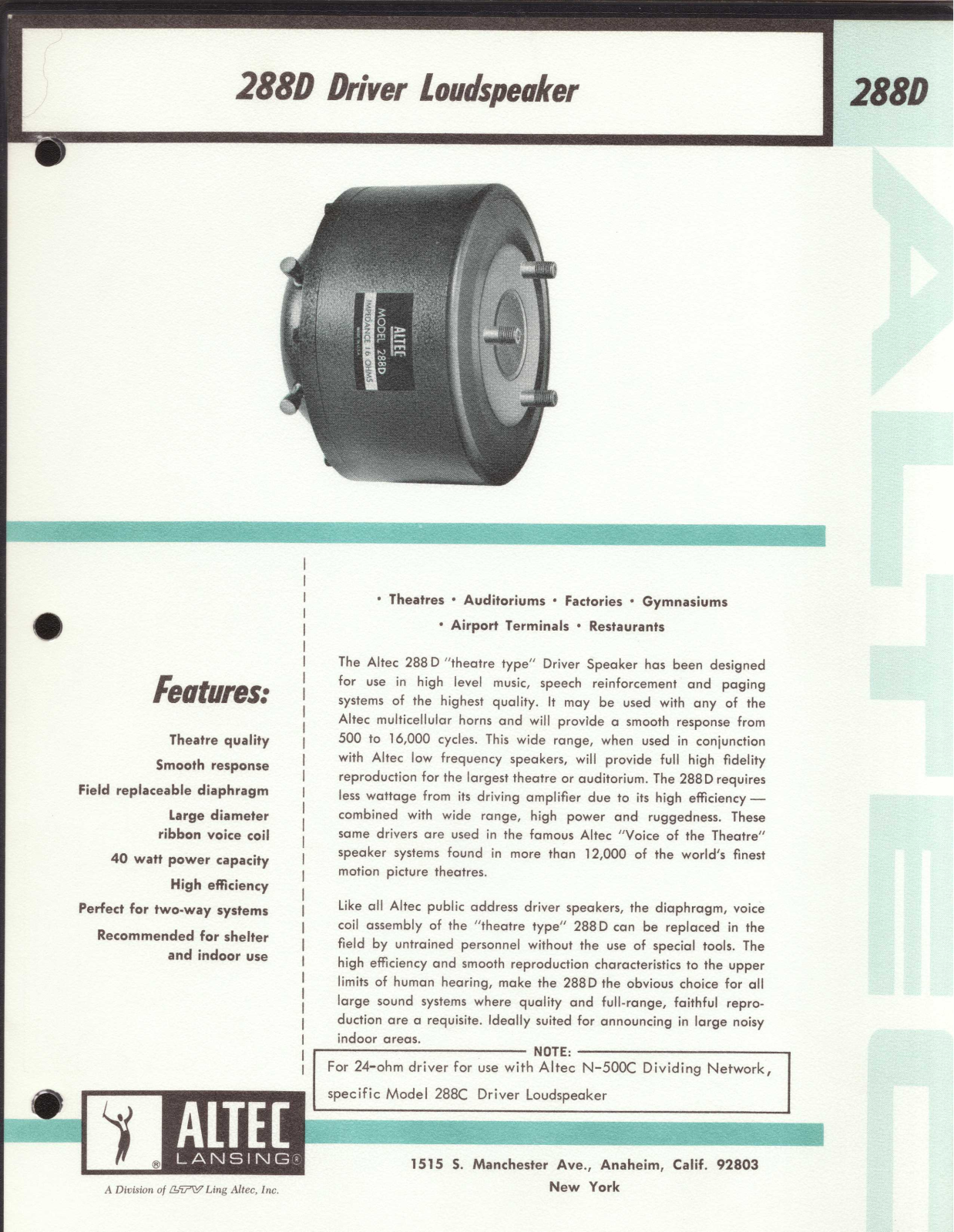 Altec Lansing 288D HF DRIVER User Manual