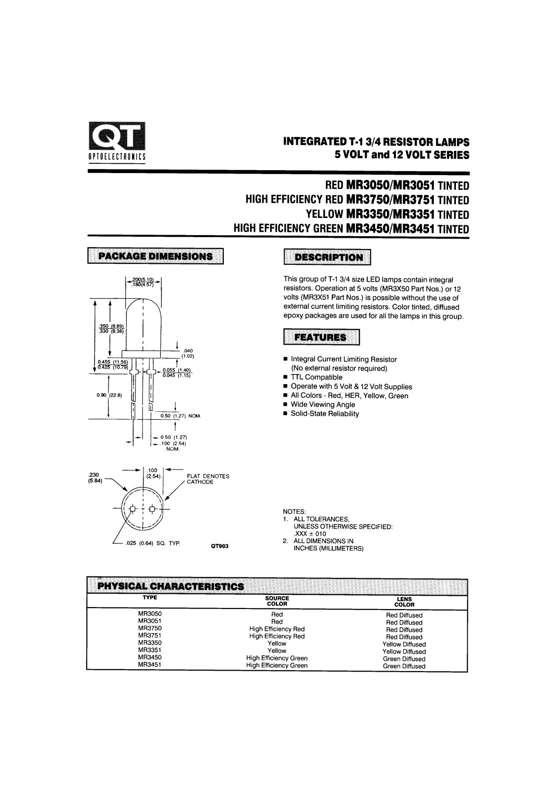 QT MR3751, MR3750, MR3451, MR3450, MR3050 Datasheet