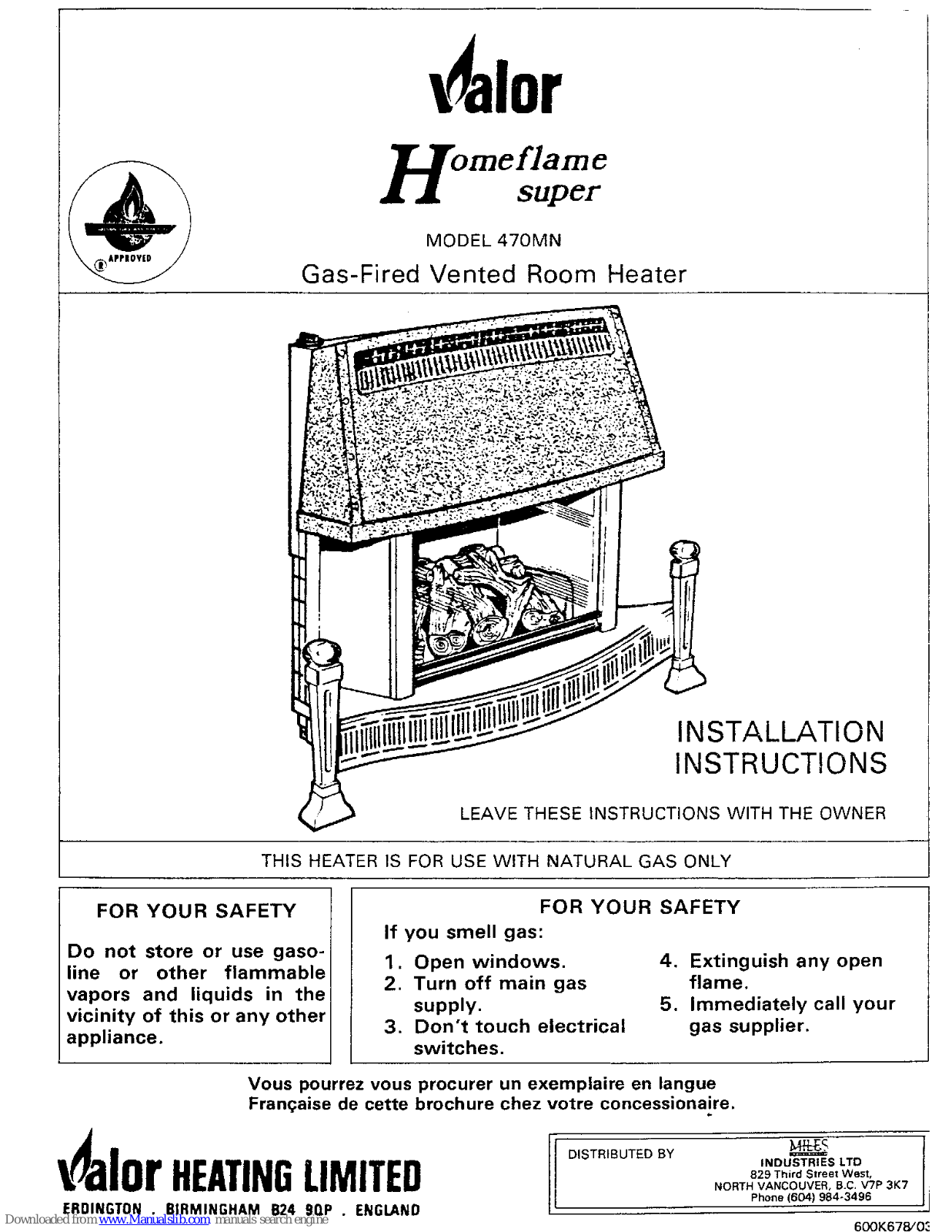 Valor Homeflame 470MN Installation Instructions Manual