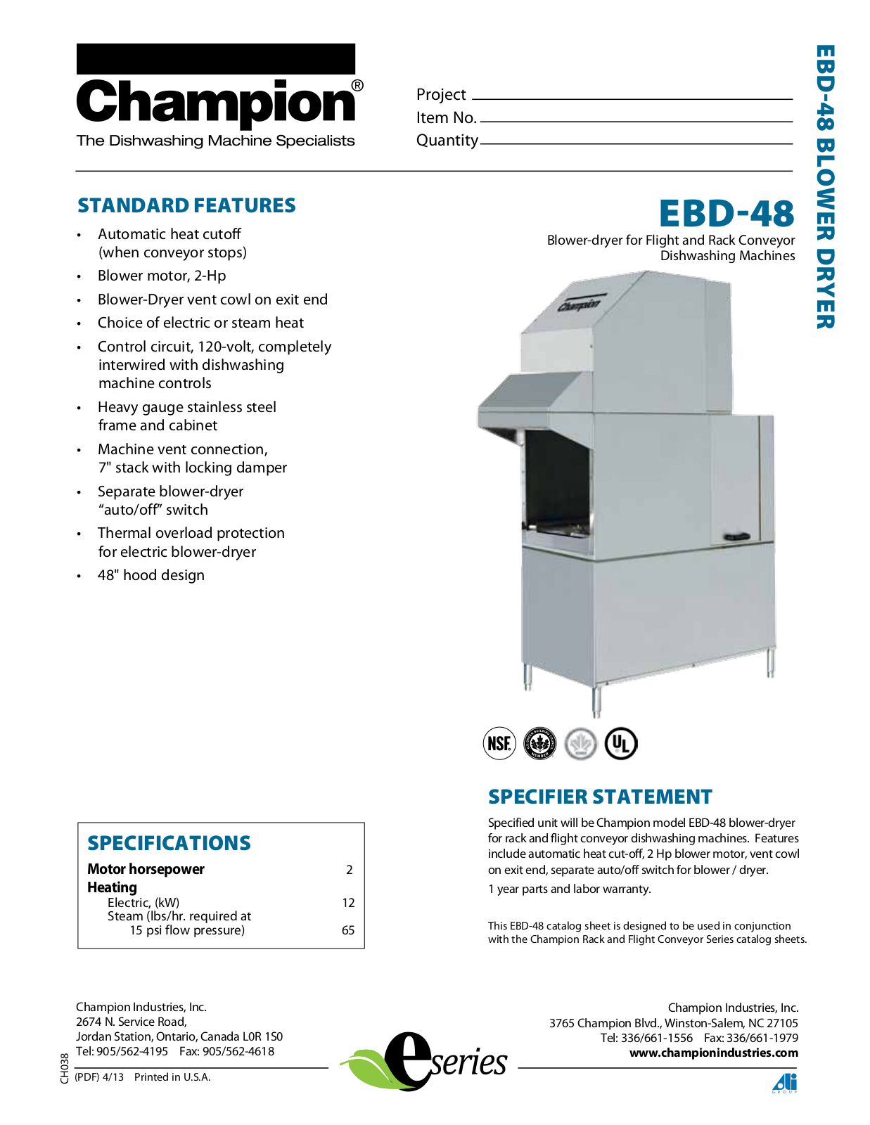 Champion Industries EBD-48, 44 DR, CH44 Specification Sheet