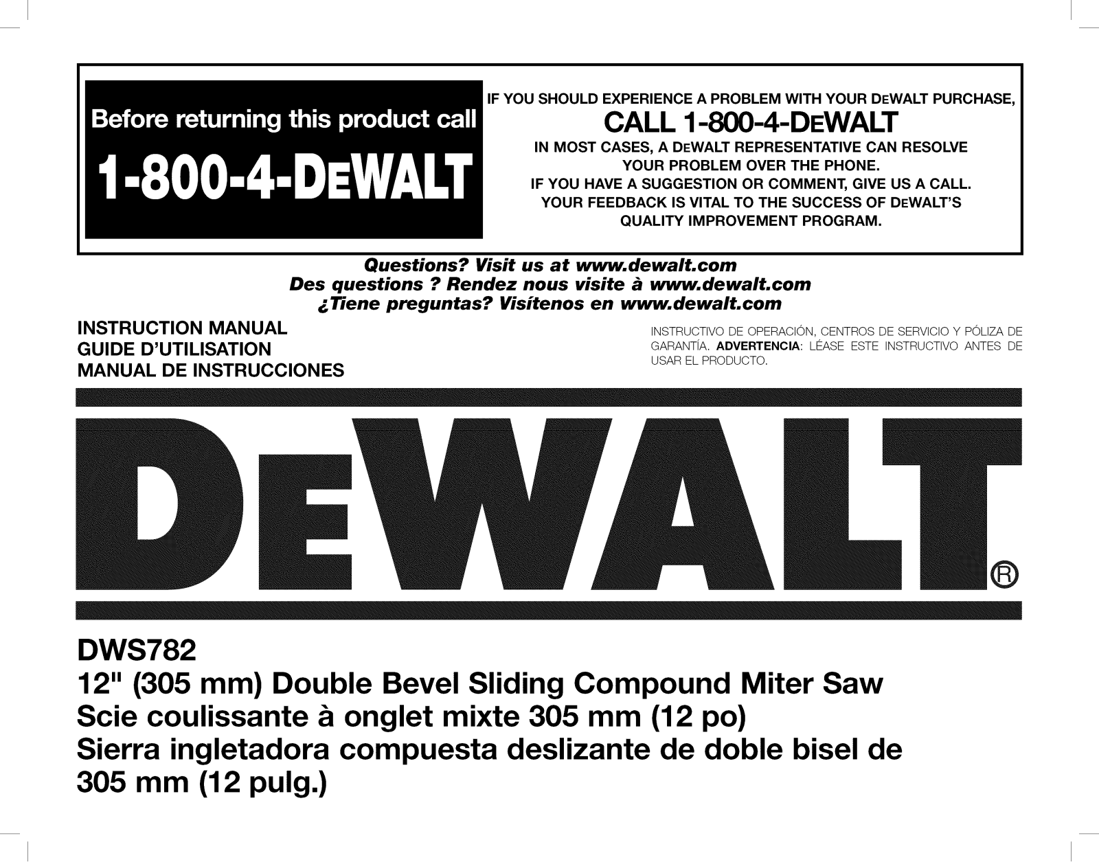 DeWalt DWS782 TYPE 20 Owner’s Manual