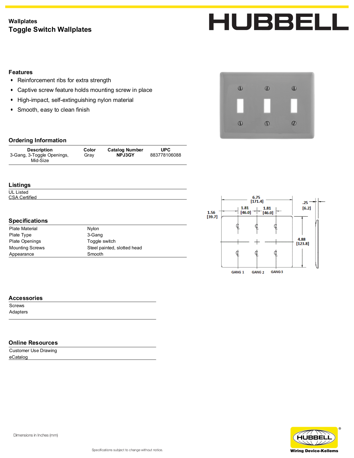 Hubbell NPJ3GY Specifications