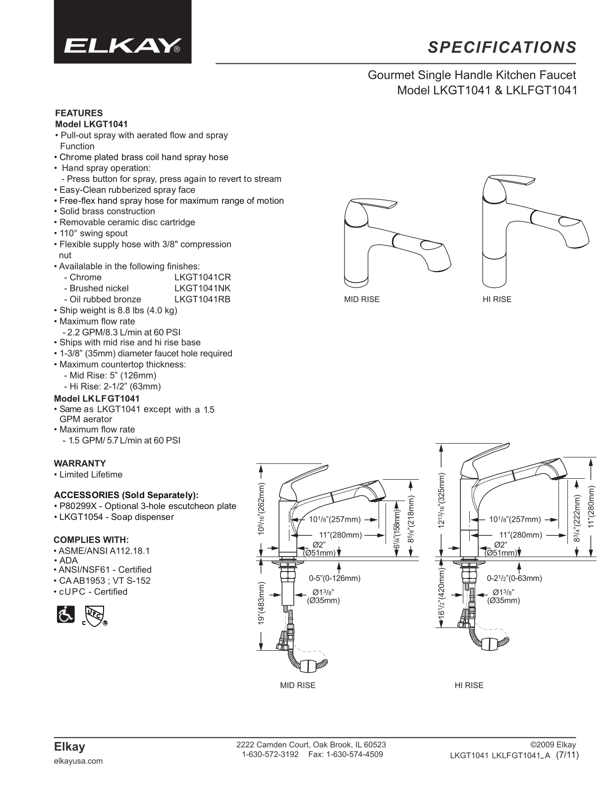 Elkay LKGT1041NK Specs