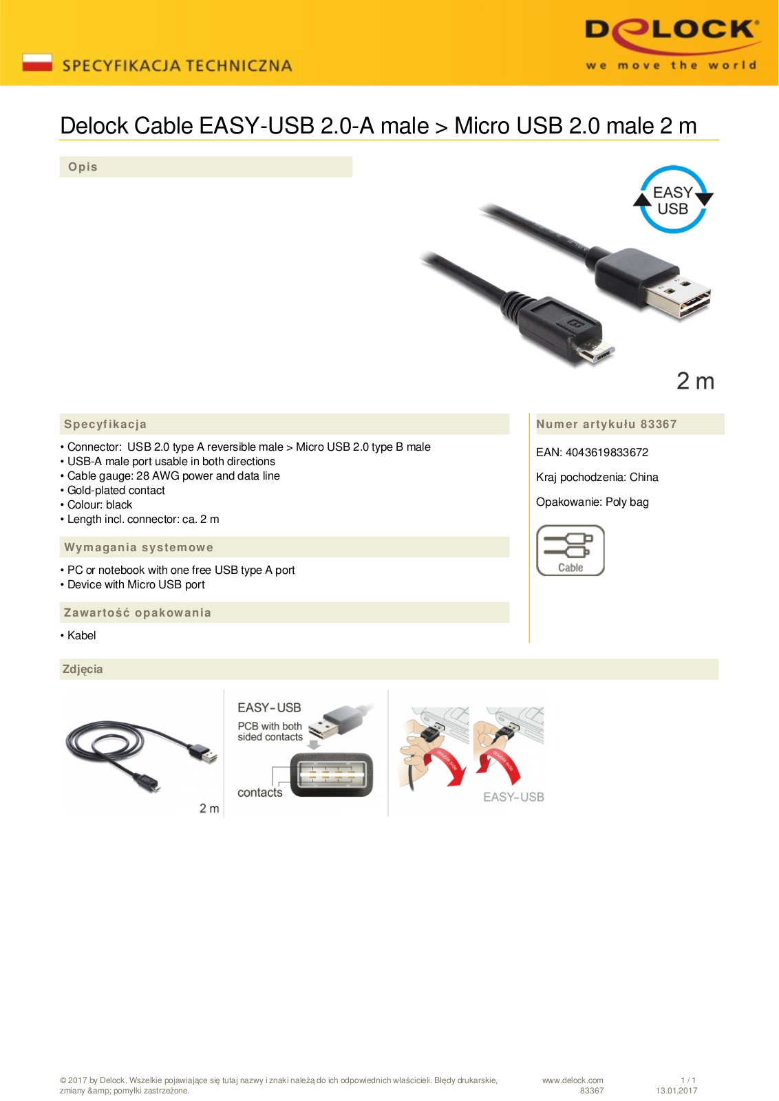 DeLOCK EASY-USB 2.0 cable, USB-A  plug  on micro-B  plug , 2m User Manual - ManualMachine.com