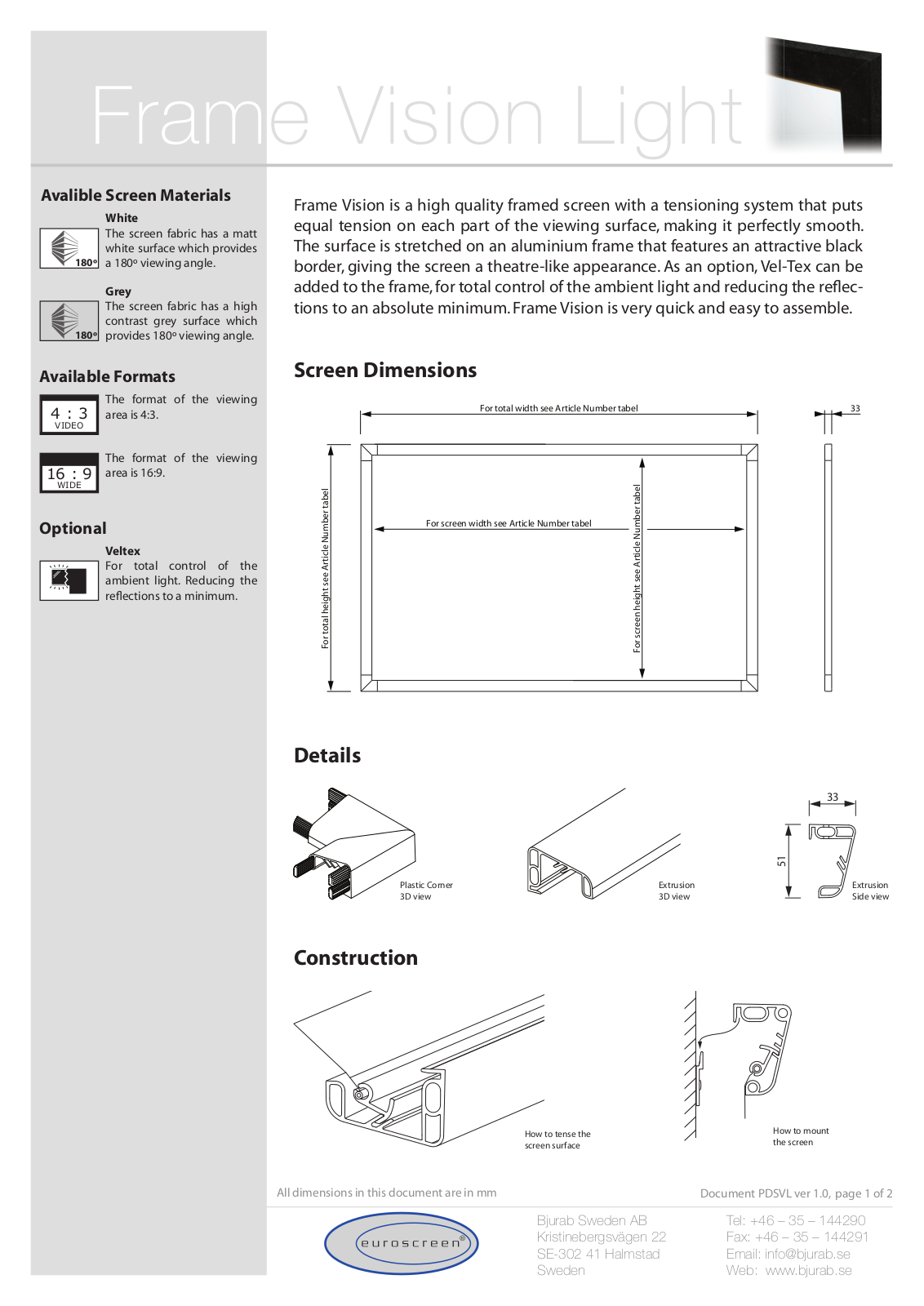 Euroscreen V275-D, V350-W, VL160-W, VL170-V, VL190-V Datasheet