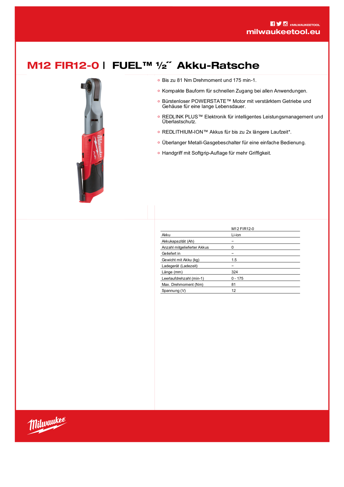 Milwaukee M12 FIR12-0 User Manual