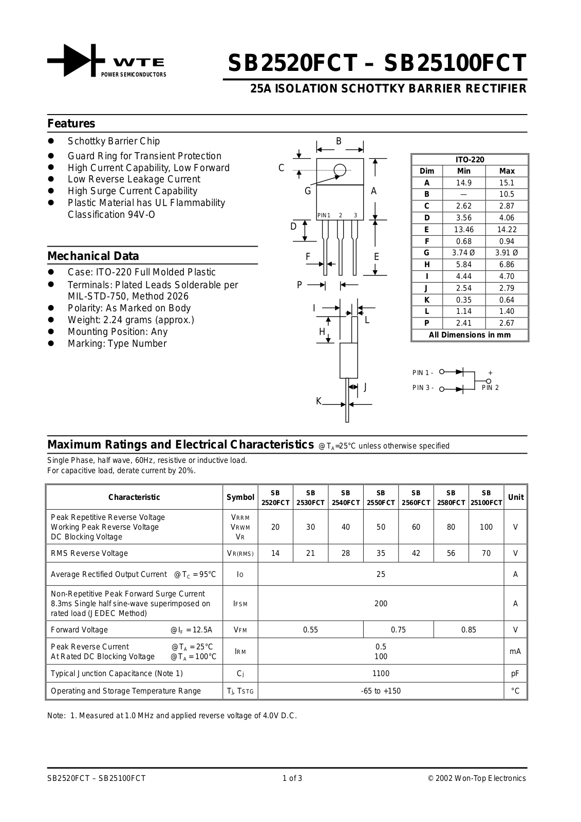 WTE SB25100FCT, SB2520FCT, SB2530FCT, SB2540FCT, SB2550FCT Datasheet