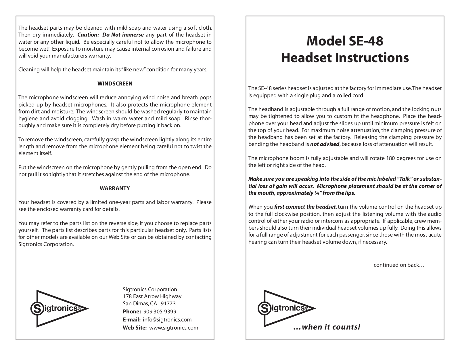 Sigtronics SE-48 User Manual