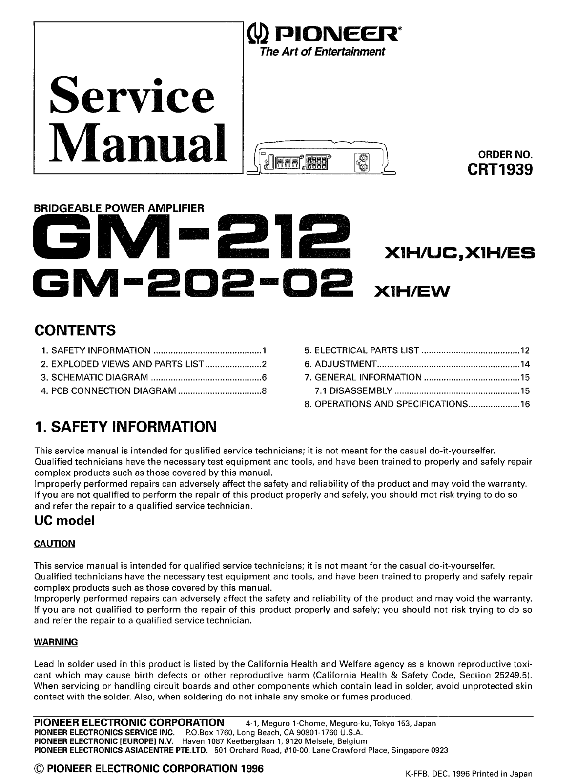 Pioneer GM-202, GM-212 Service manual