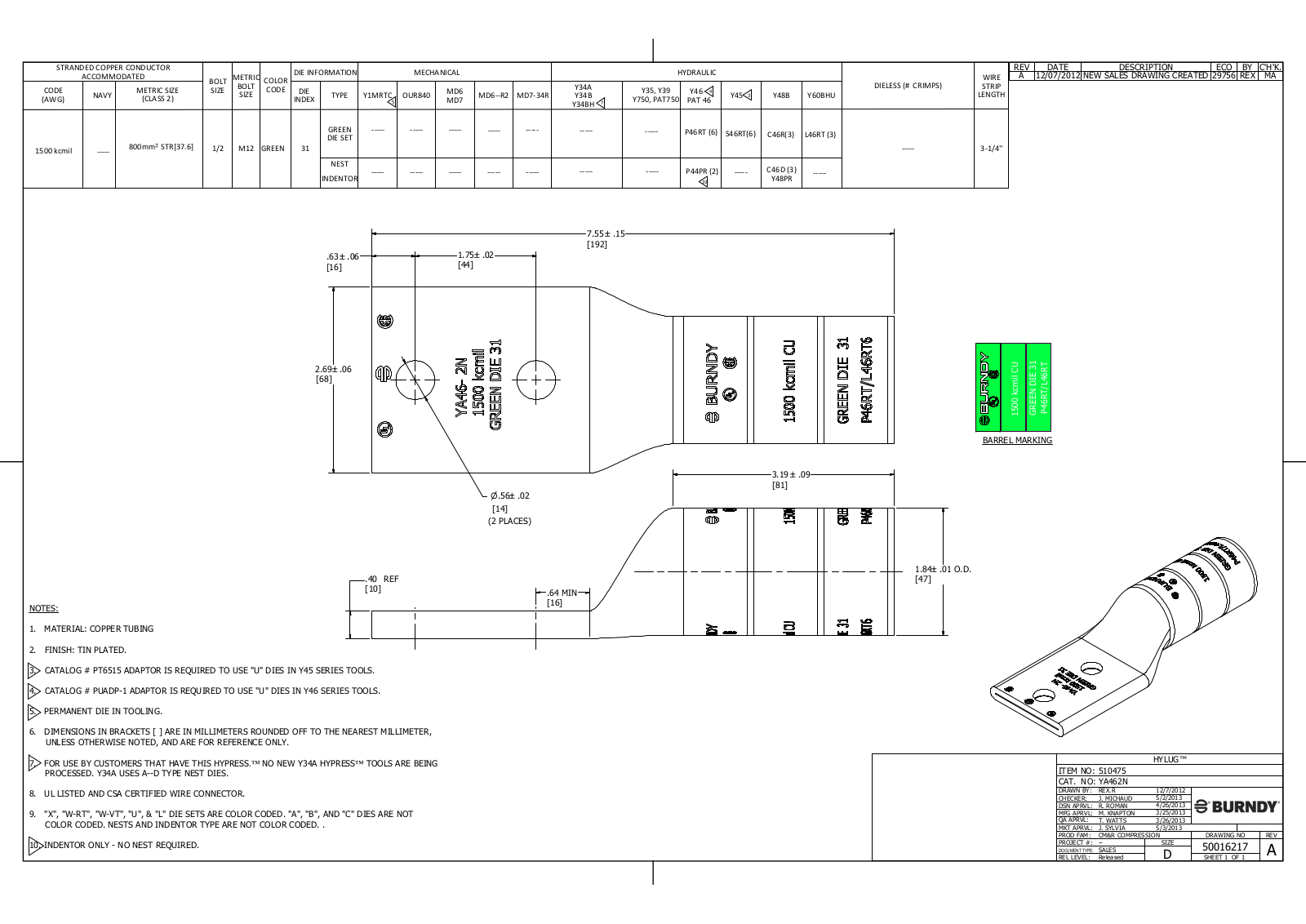 Burndy YA462N Data Sheet