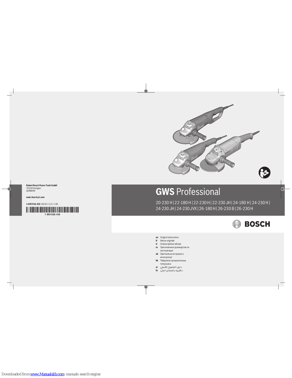 Bosch GWS 22-230 H Professional, GWS 24-180 H Professional, GWS 20-230 H Professional, GWS 24-230 H Professional, GWS 24-230 JVX Professional Original Instructions Manual