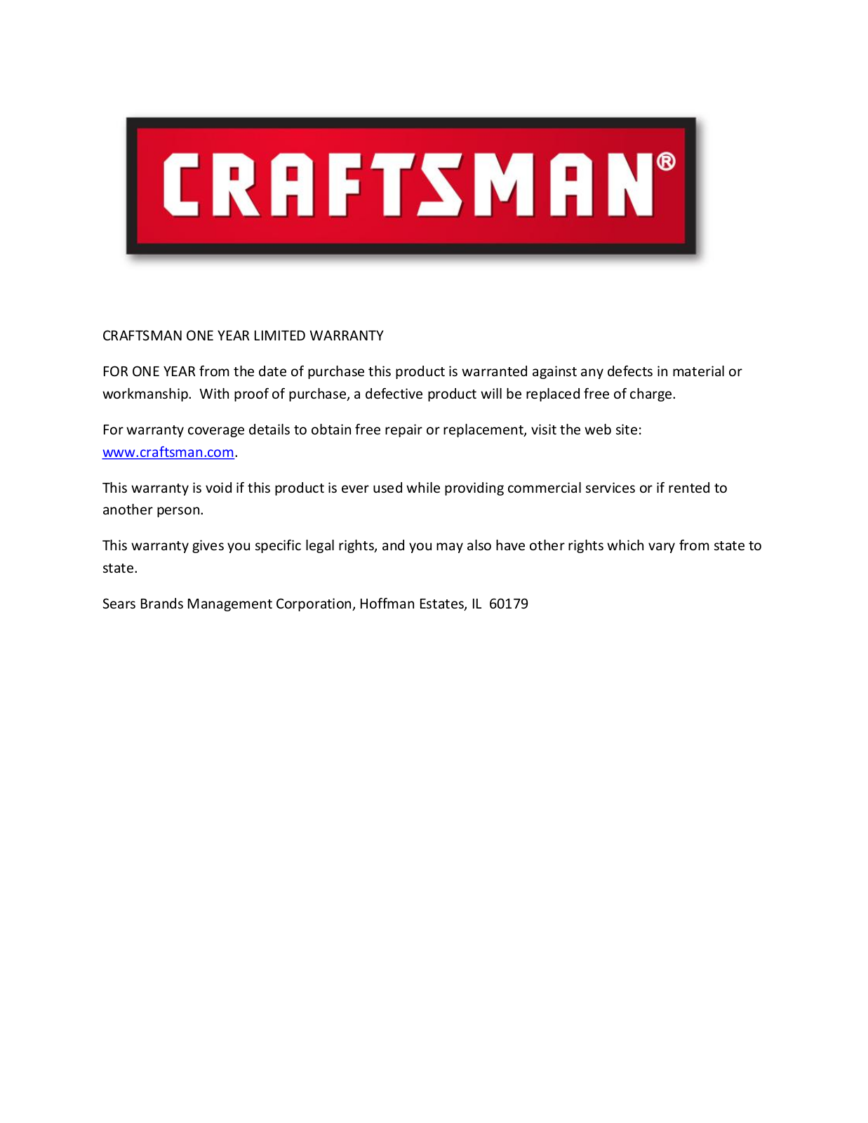 Craftsman 071.74815 Manufacturer's Warranty