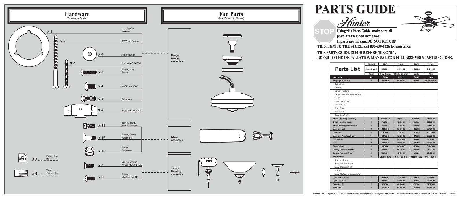 Hunter 22459, 22460, 22461, 22462 Parts Guide