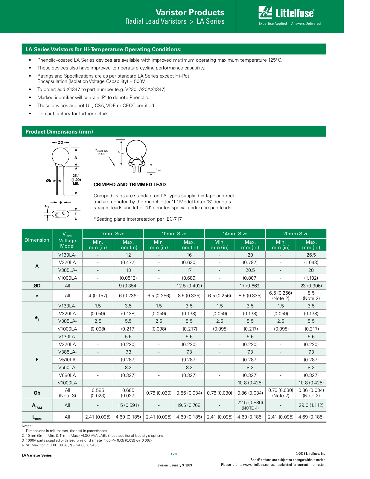 Harris LA Series Varistors Dimensional Sheet