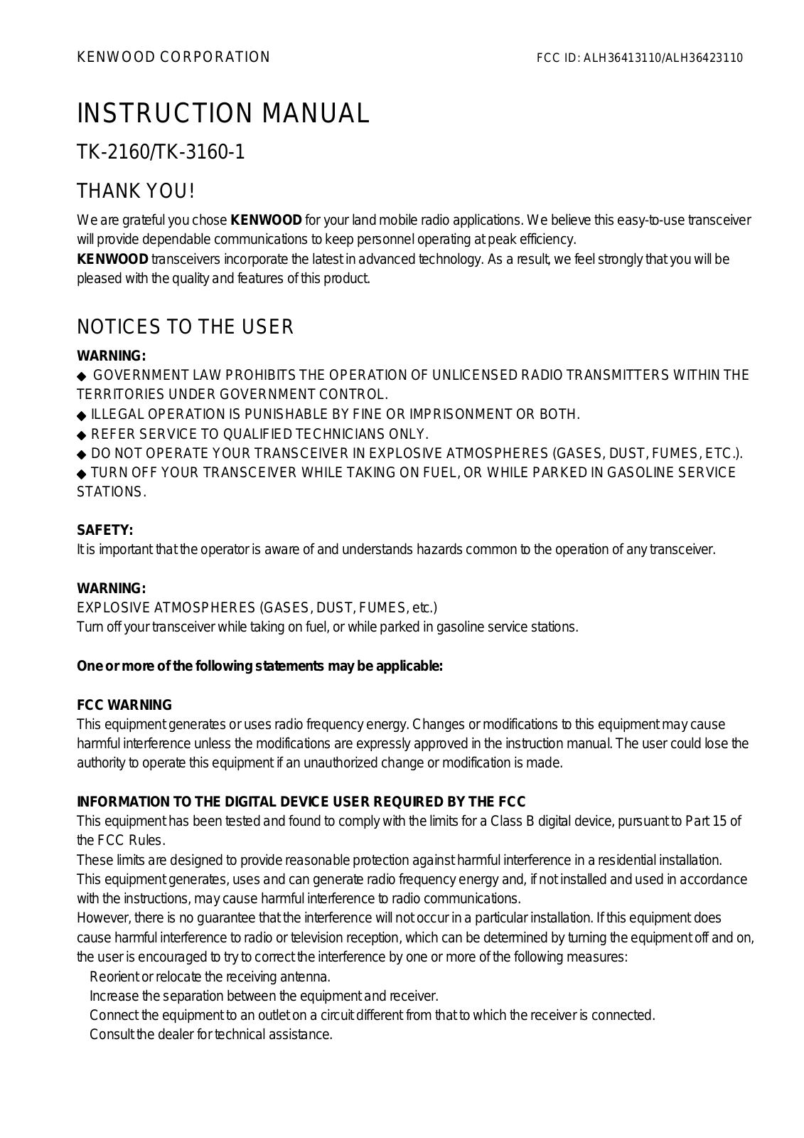 Kenwood TK-2160, TK-3160-1 Owners Manual