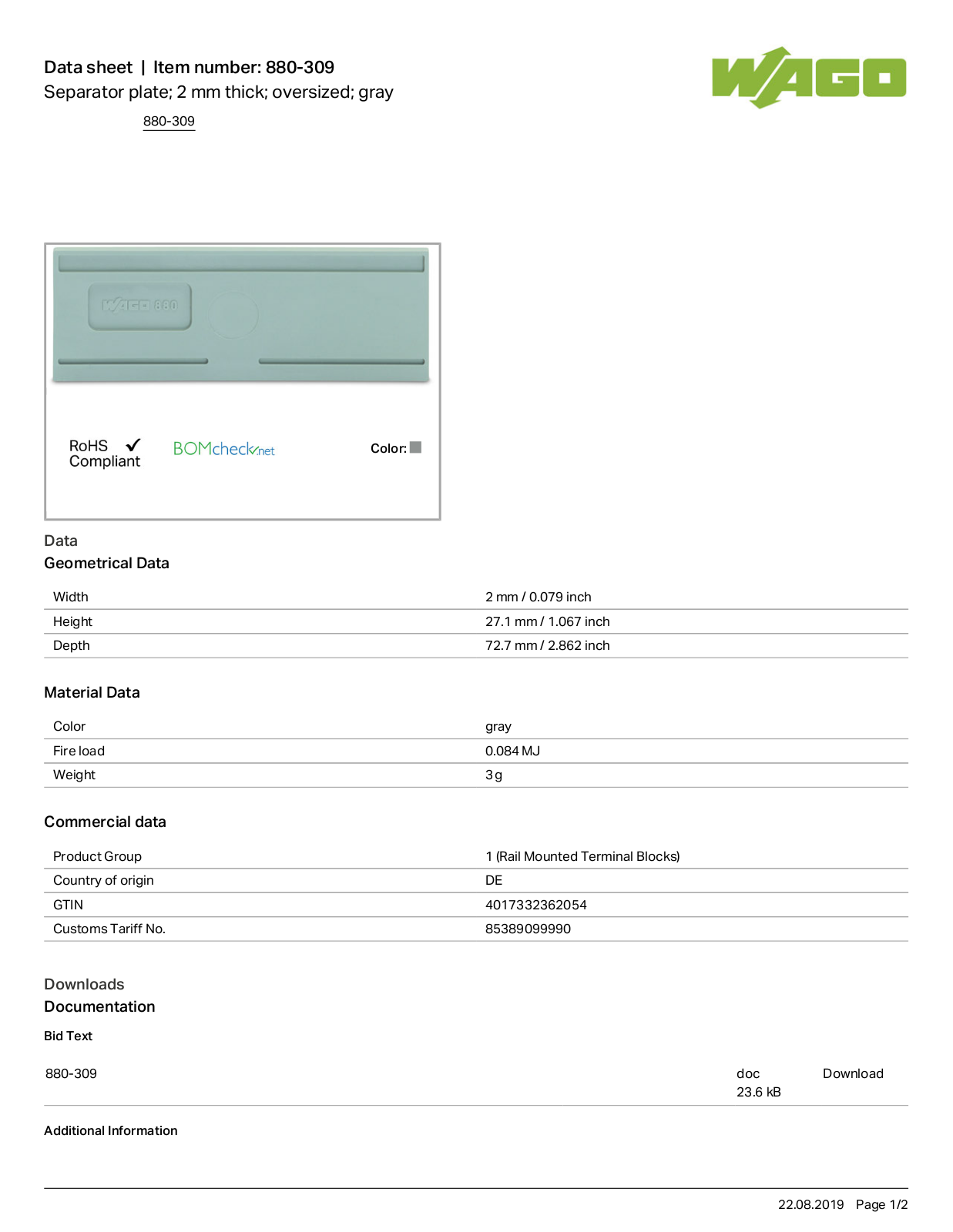 Wago 880-309 Data Sheet