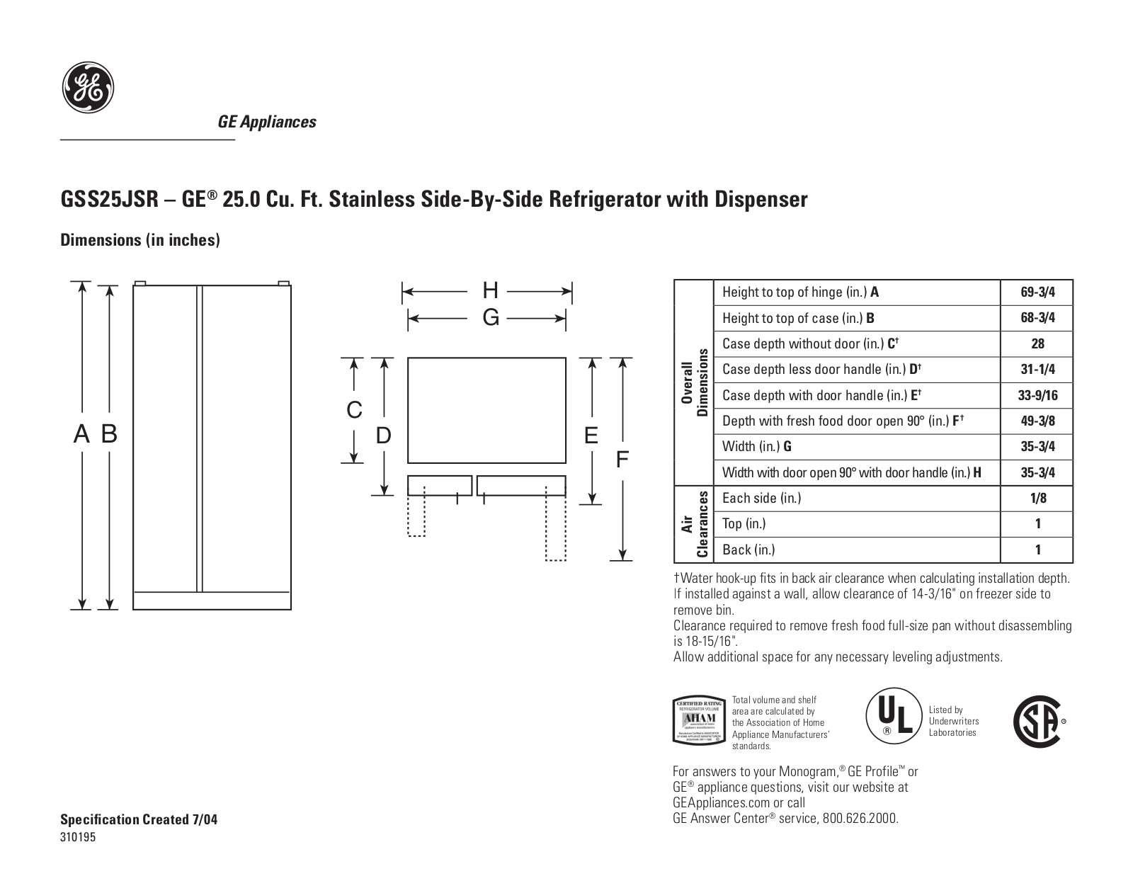 GE GSS25JSR Specification - ManualMachine.com