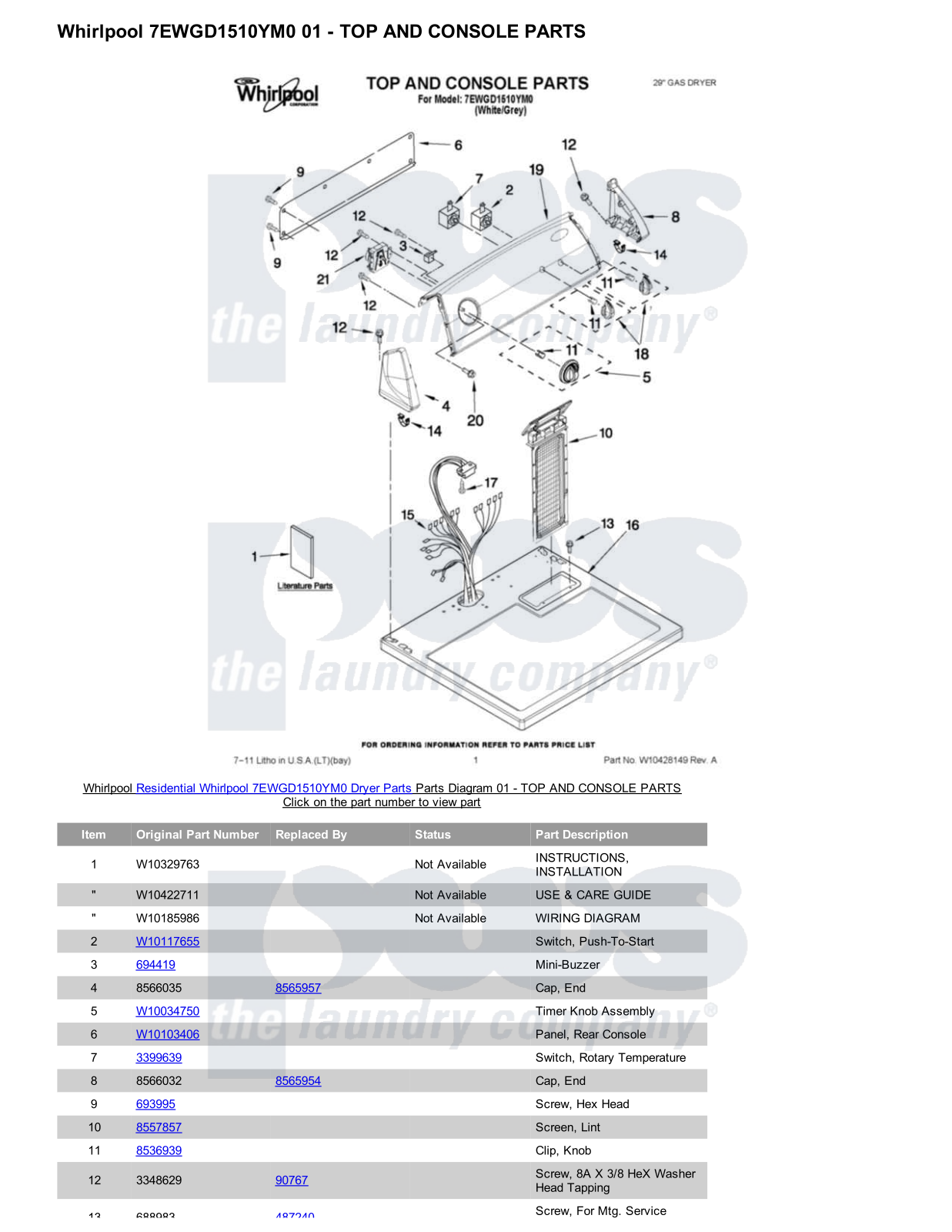 Whirlpool 7EWGD1510YM0 Parts Diagram