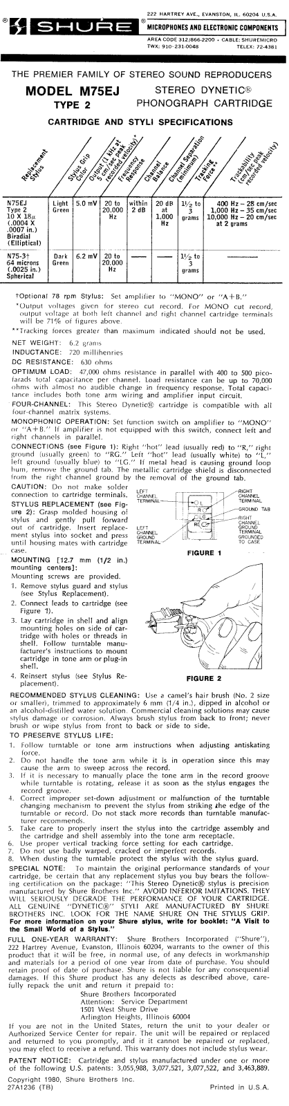 Shure M75EJ Type 2 User Guide - ManualMachine.com