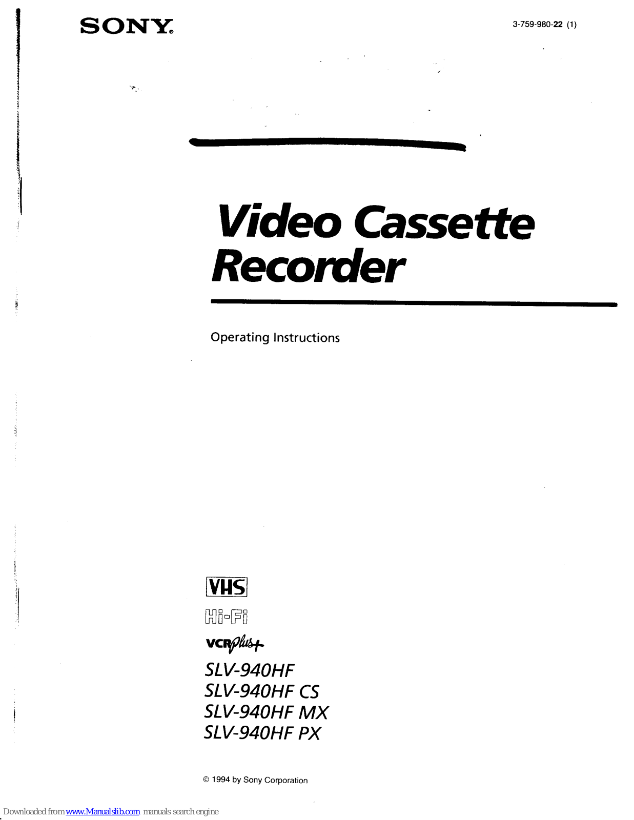 Sony SLV-940HFPX, SLV-940HFCS, SLV-940HFMX Operating Instructions Manual