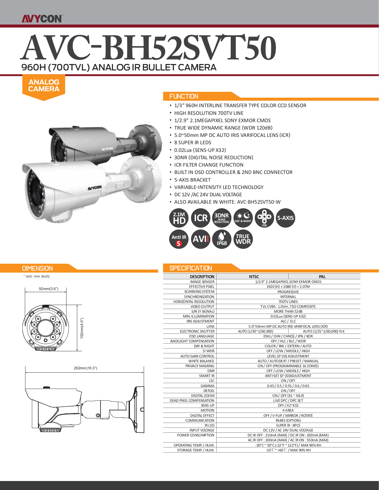 Avycon AVC-BH52SVT50, AVC-BH52SVT50-W Specsheet