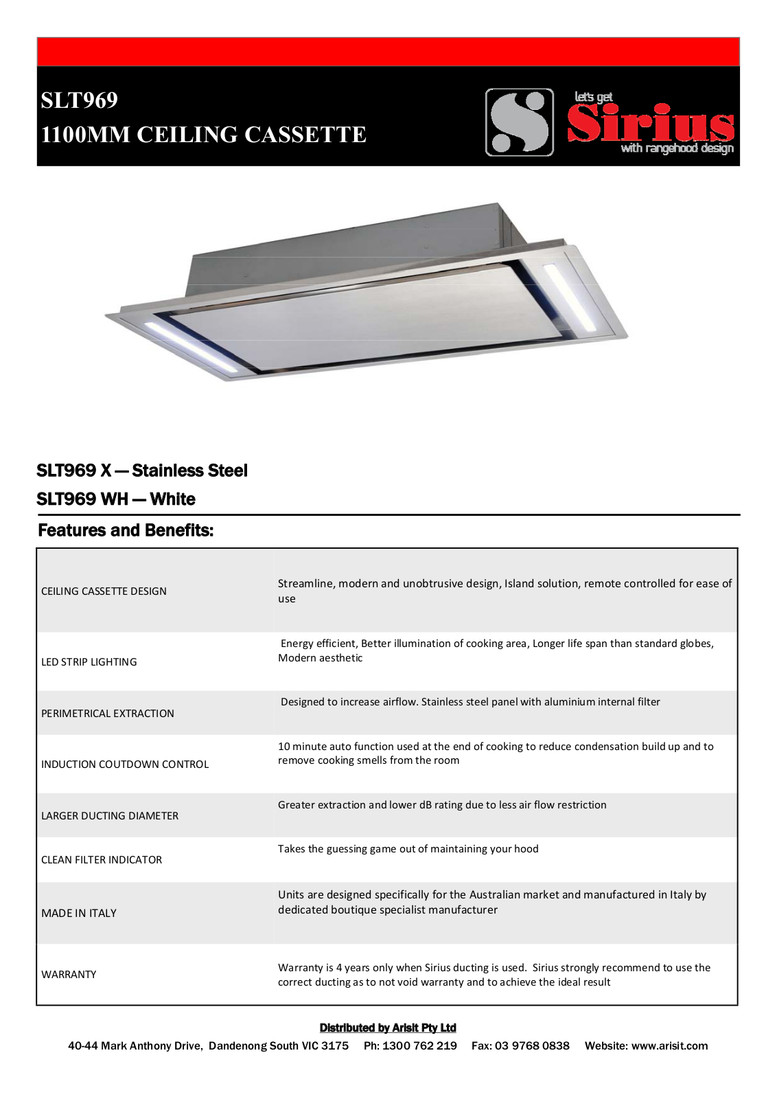 Sirius SLT969 Specifications Sheet