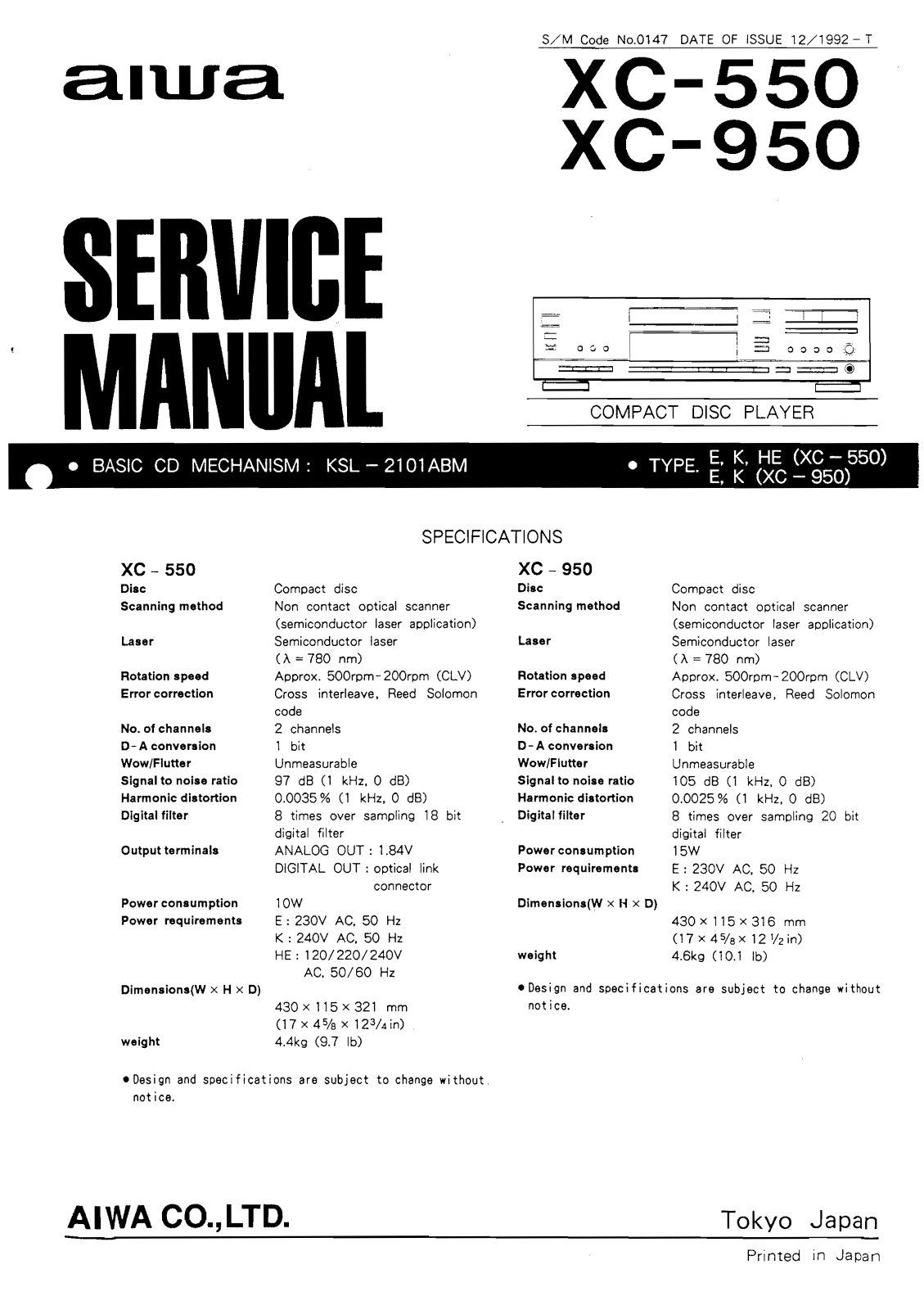 Aiwa XC-950, XC-550 Service Manual
